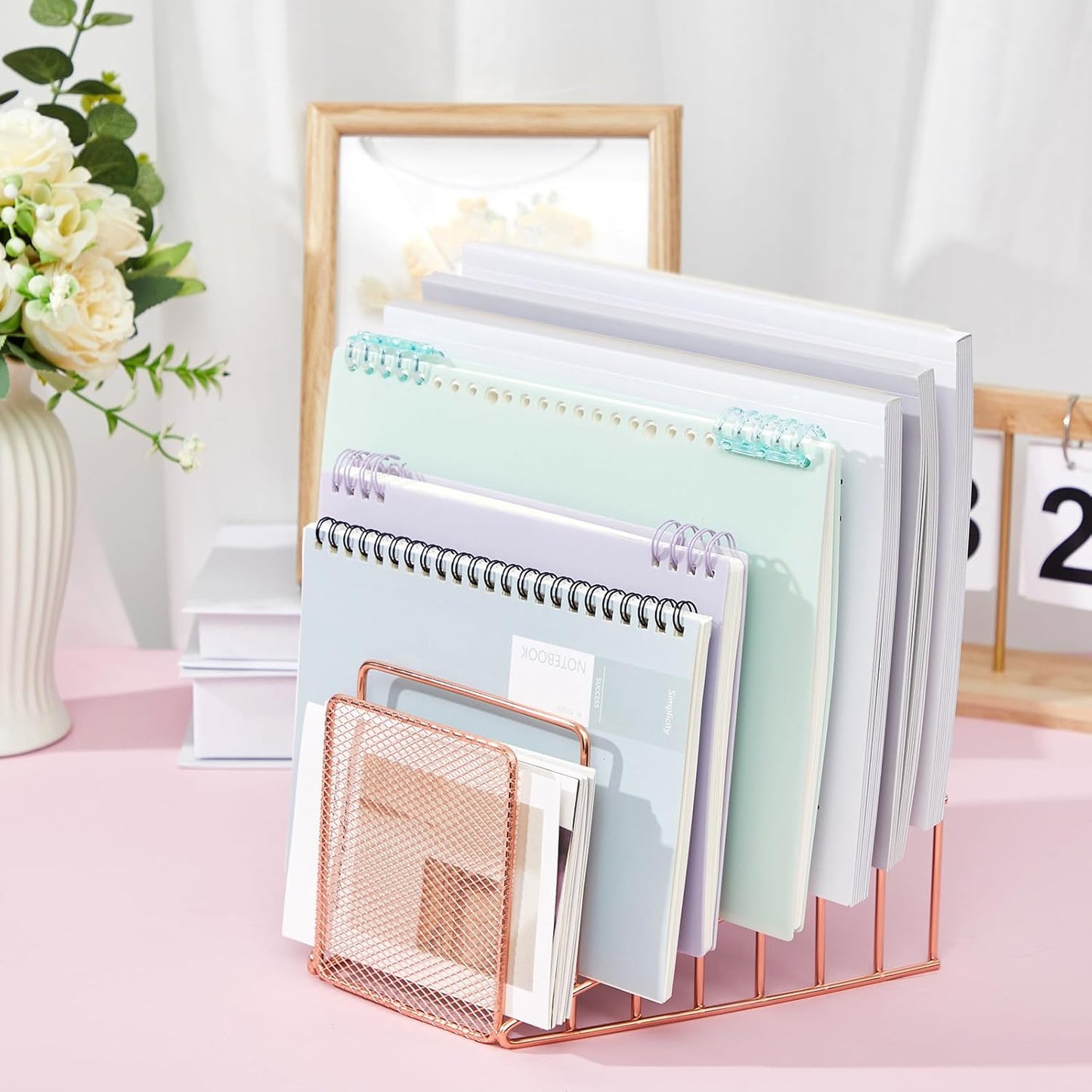 2 Pcs 7 Slot Incline File Sorter Metal Wire Mesh File Racks for Desktop Letter Sorter for Magazine Folder Book Organizer Home Office School Paper Mail Desk Storage Holder (Rose Gold)