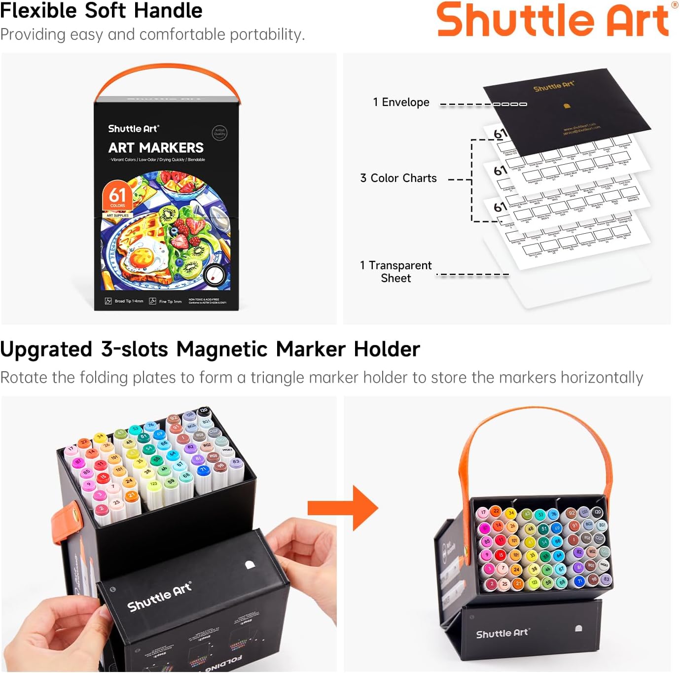 Shuttle Art 61 Colors Alcohol Markers, 60 Colors Dual Tip Art Marker Set Plus 1 Colorless Blender with Marker Case Perfect for Illustration Students Adult Coloring Sketching
