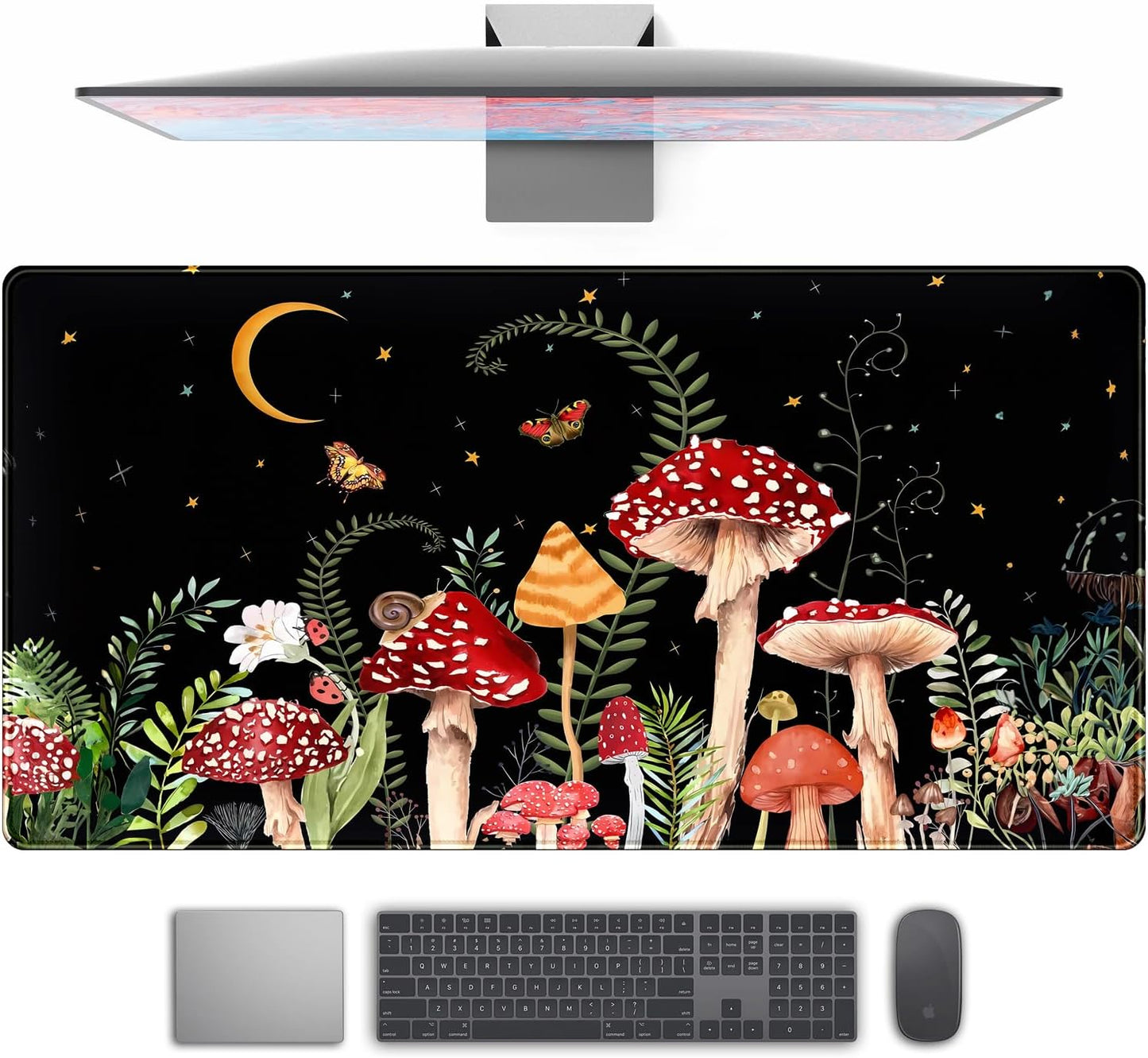 Ferns Leaves Cute Mushrooms Desk Mat Kawaii Green Plants Mouse Pad Xl Mat Large Gaming Desk Pad For Desk Decor Laptop Computer Keyboard Pad Desk Home Office For Women With Stitched Rounds 31.5x15.7 In