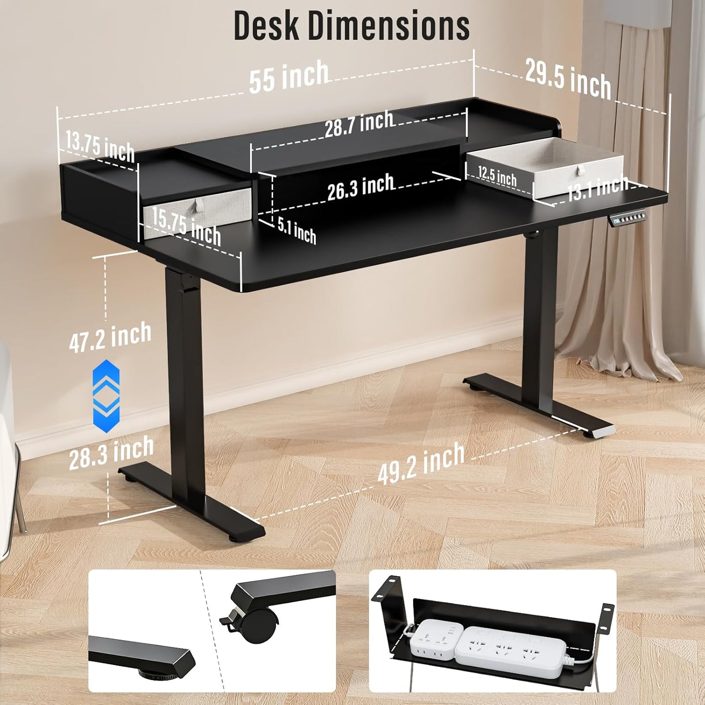 Standing Desk with Drawers,Thickened Table Legs Sit Stand Desk Electric for Home Office & Gaming,Ergonomic Stand Up Desk Cable Management Tray(Classic Black) (Classic Black, 55″ x 30″)