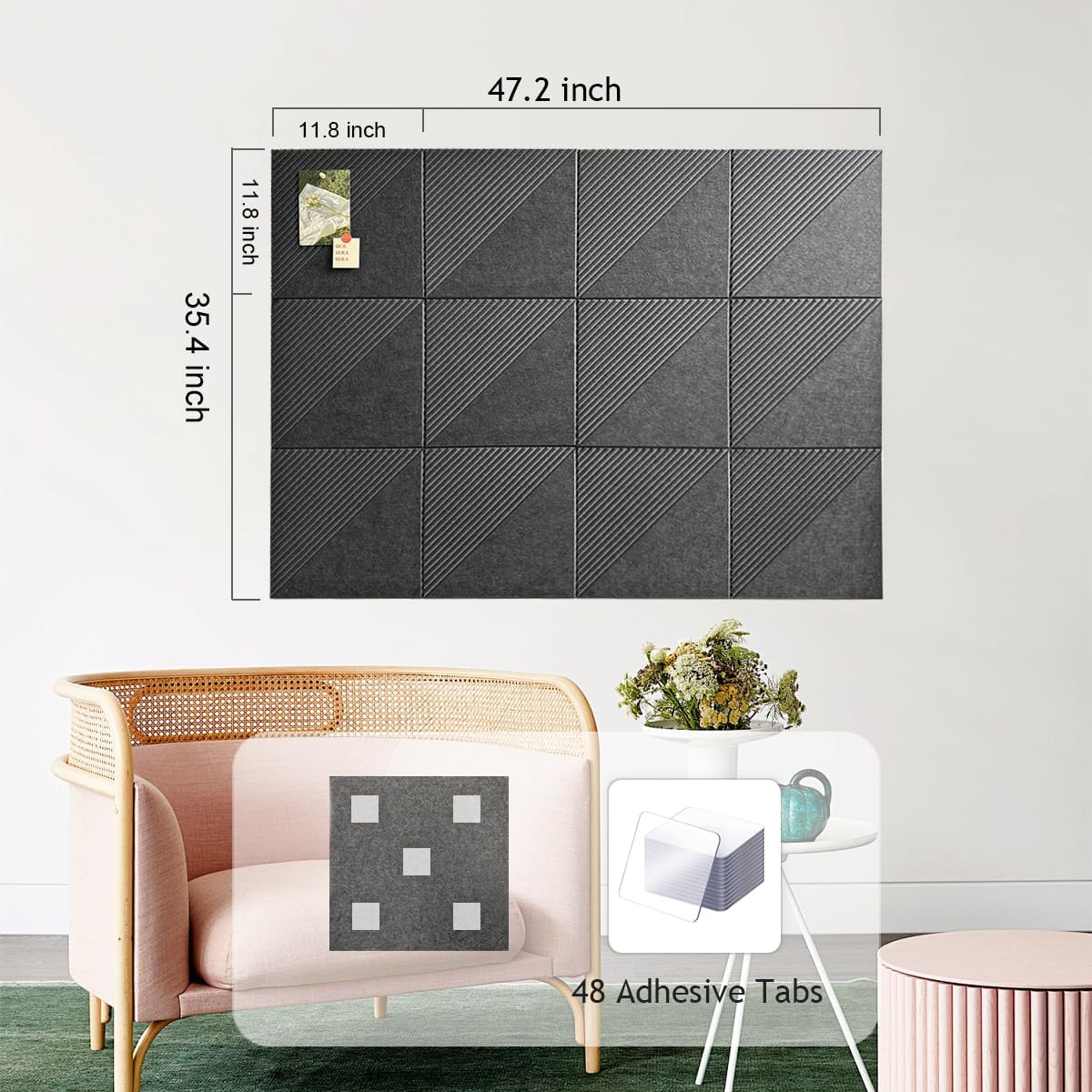 Large Cork Board for Walls 48"x 36", 12 Pack Felt Wall Tiles with Safe Removable Adhesive Tabs, Cork Board for Office,Pinboard Bulletin Board - Dark Gray