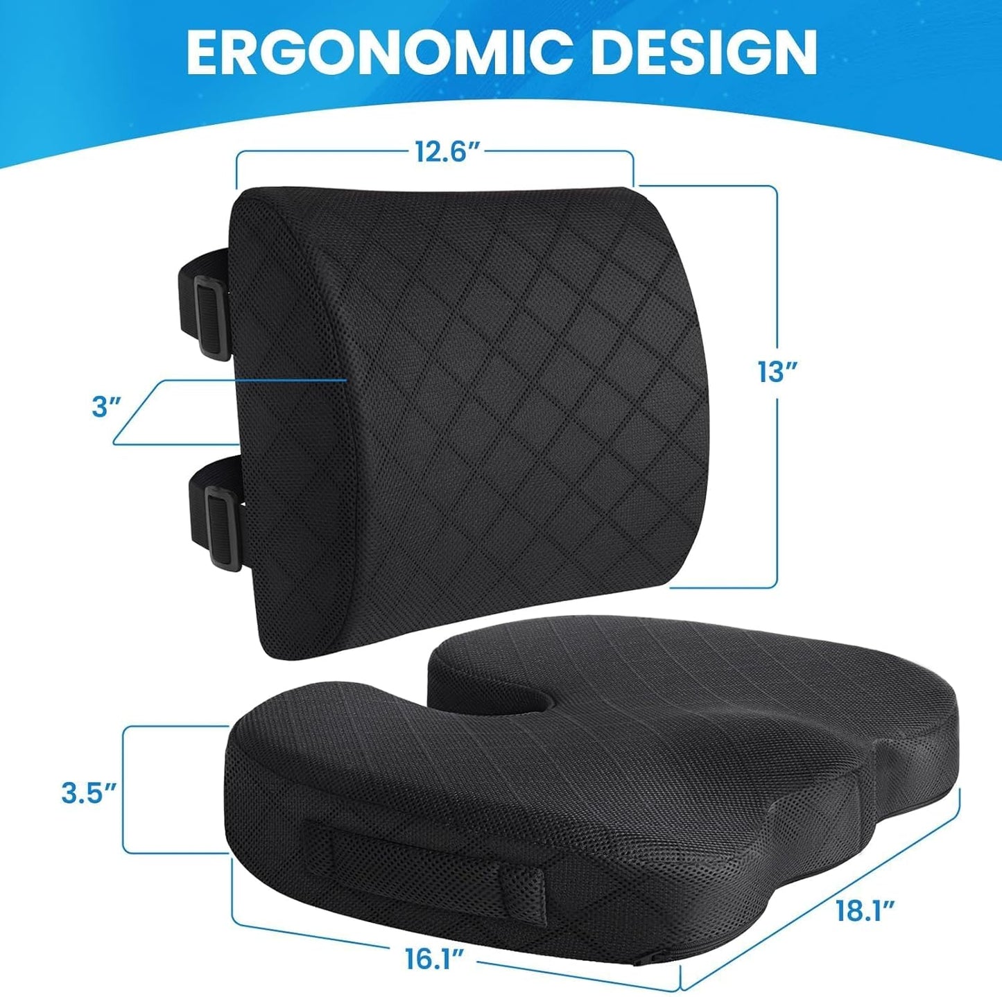 TushGuard Office Chair Cushions with Handles, Back&Seat Cushion, Sciatica & Back Coccyx Tailbone Discomfort Easing Chair Pad, Memory Foam Lumbar Support Pillow for Gaming, Desk, Car (Black, X-Large)