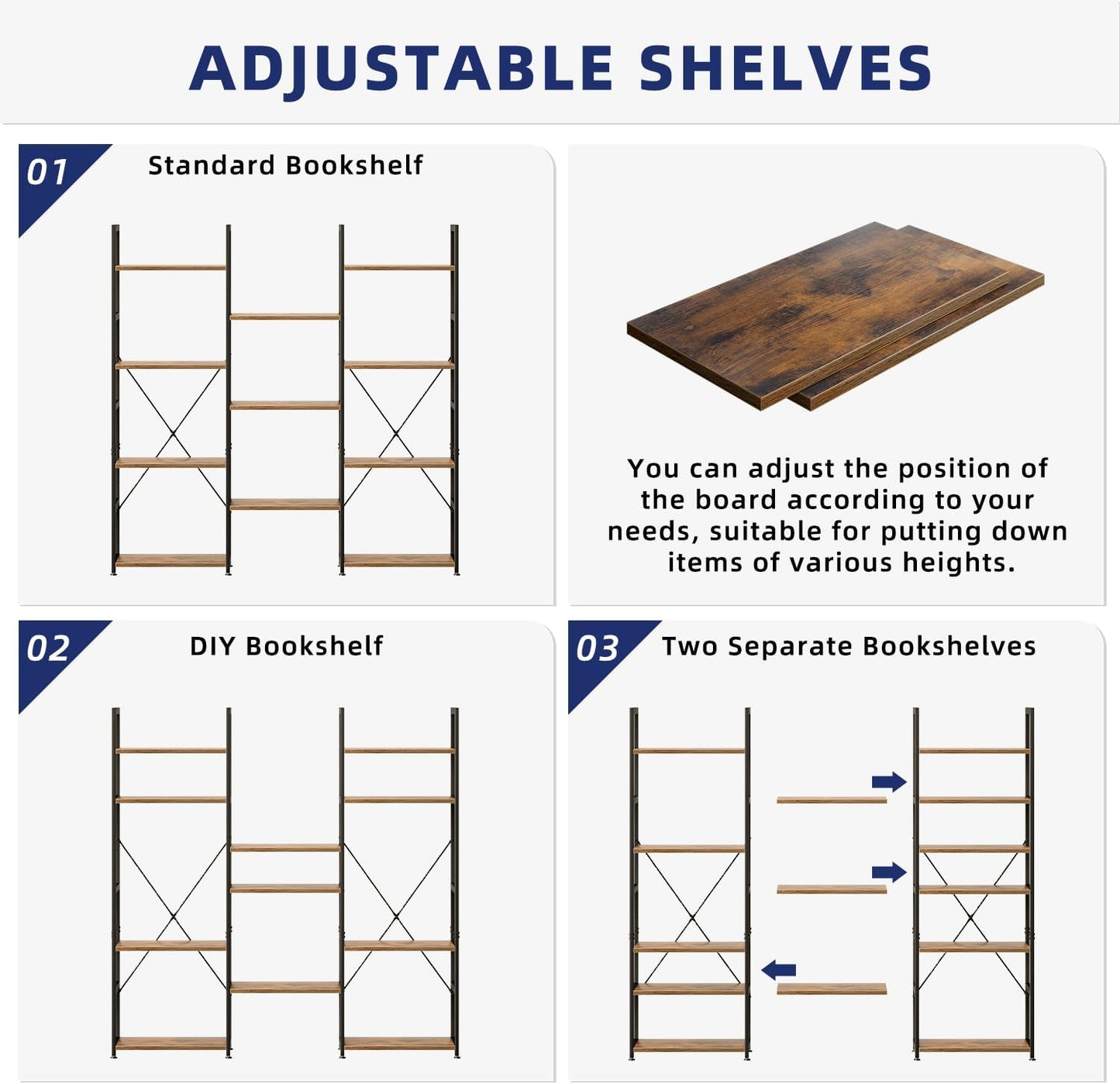 NUMENN Triple Column 4 Tier Bookshelf, Bookcase with 11 Open Display Shelves, Adjustable Rustic Industrial Style Book Shelves, Modern Bookshelves for Bedroom, Living Room and Home Office, Vintage
