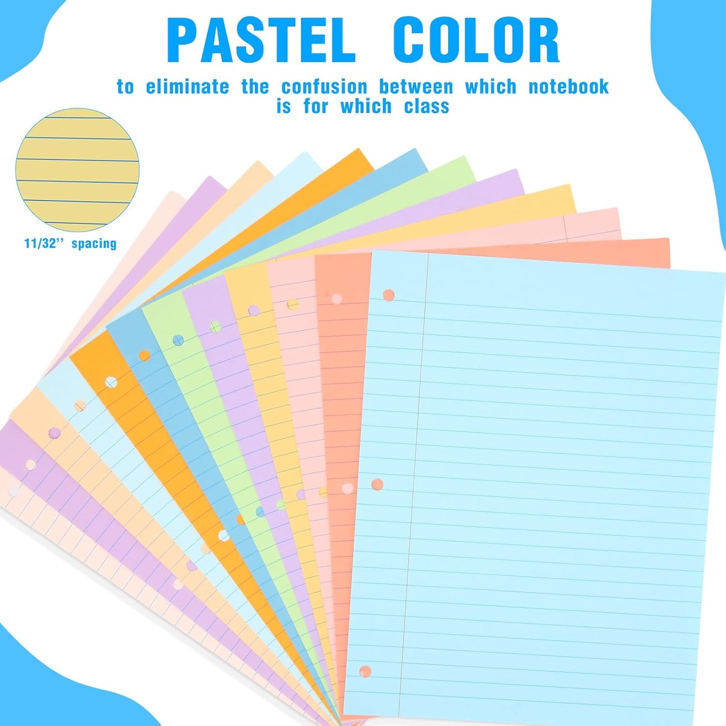 PerKoop 12 Pack 600 Sheets Colored Lined Paper Bulk Wide Ruled 8 x 10.5 Inches, Pastel Loose Leaf Notebook Paper 3 Hole Punched Filler for Back School Classroom Supplies(Sweet Color)