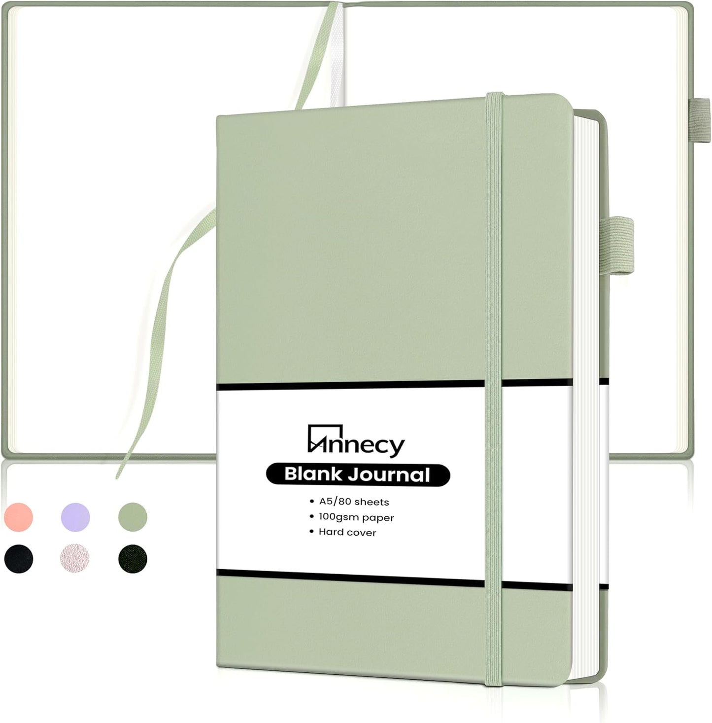 Annecy Blank Journal Notebook, Medium 5.5x 8.25, 160 Pages 100GSM Writing Paper, A5 Grey Green Faux Leather Cover with Pen Loop
