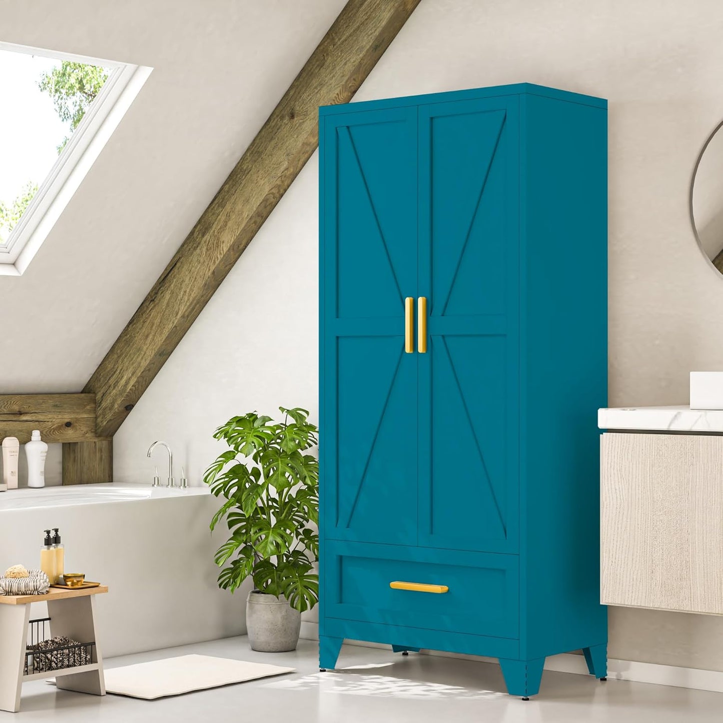 Metal Wardrobe Cabinet,71 Armoire Wardrobe Closet with Drawers and Hanging Rod,Metal Armoire with Adjustable Shelves for Closet,Bedroom,Farmhouse Storage Cabinet with Drawer(Blue)