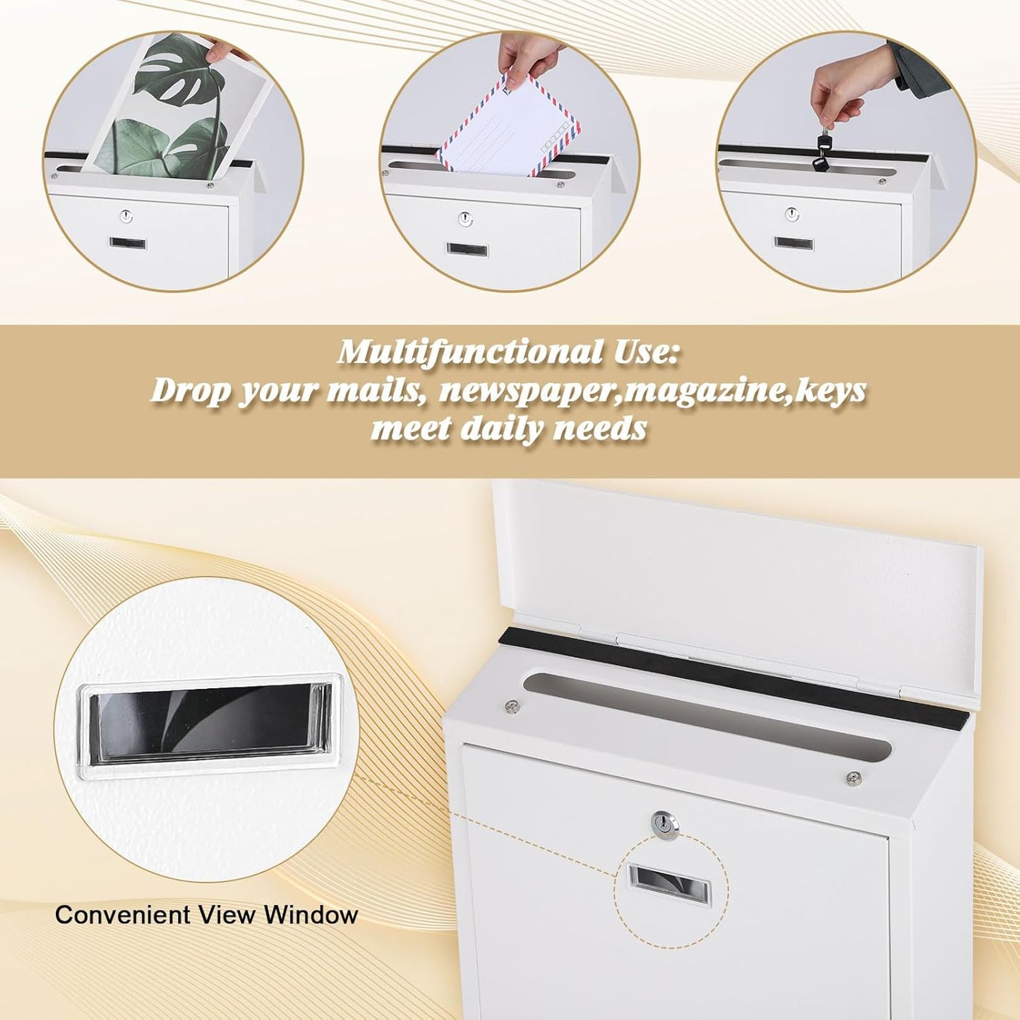 xydled Mail Boxes with Key Lock,Locking Mailbox Wall Mounted,Security Metal Mailbox Drop Box, Modern Large Capacity,Steel Cover Metal Postbox for House Home Outside, White, 14.2''x12.6''x4''