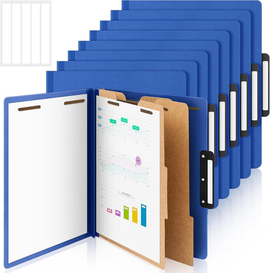 Henoyso 12 Pcs Classification Folders with Prongs, 2 Dividers, 1/3-cut Flat Tab, 3 Inch Expansion, 60 Stickers, Letter Size Blue File Folder with Fasteners for Medical Law Files Office Reports