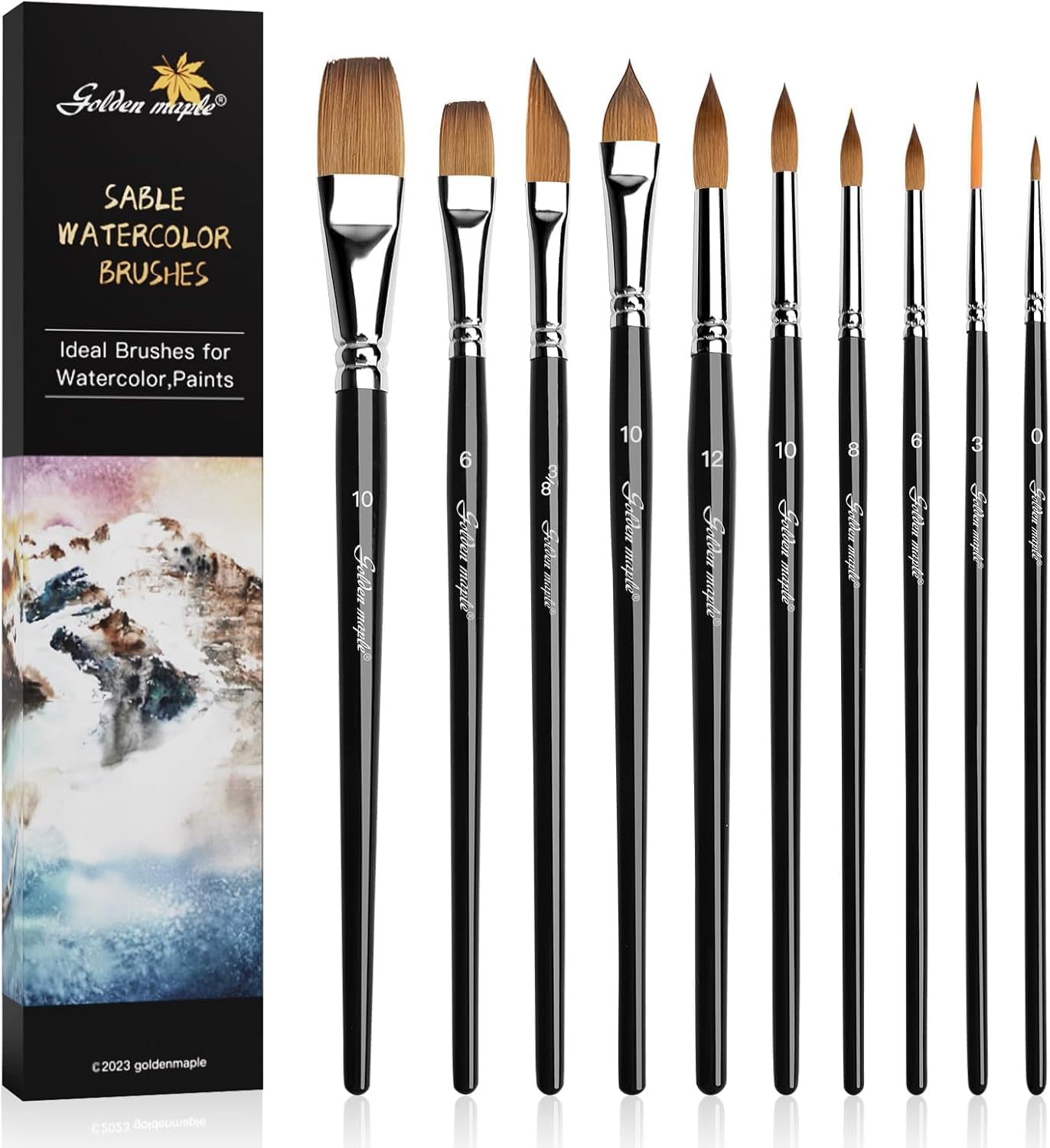 Watercolor Brushes Professional Set, 10 Artist Brushes Watercolor Paint Brushes, Golden Maple Sable Brush Paint Brushes-Round Tip, Flats, Dagger, Oval Wash for Detail Painting, Water Color, Gouache