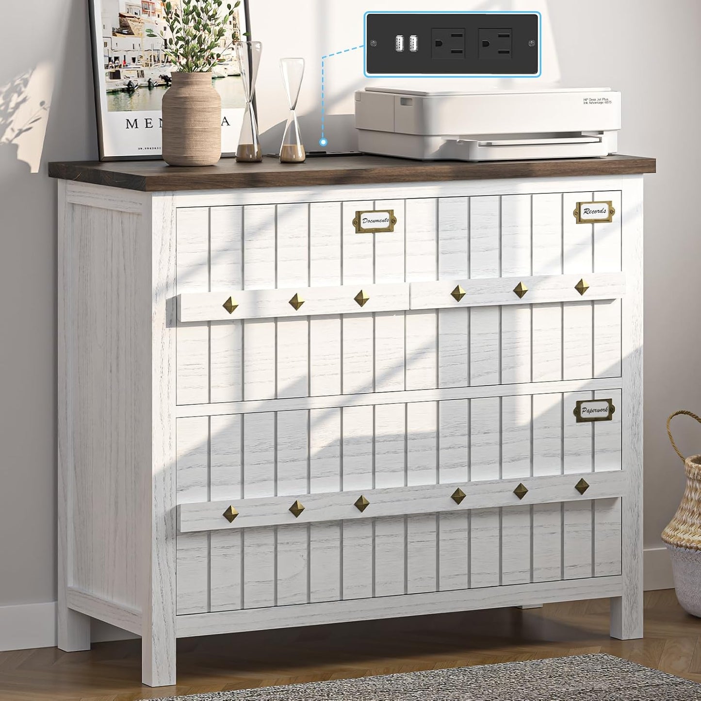 TVU Farmhouse 3 Drawer File Cabinet with Charging Station, Solid Lateral Filing Cabinet for Home Office, Office Organizer for Legal/Letter/A4/Folders File - Beside Desk Printer Stand