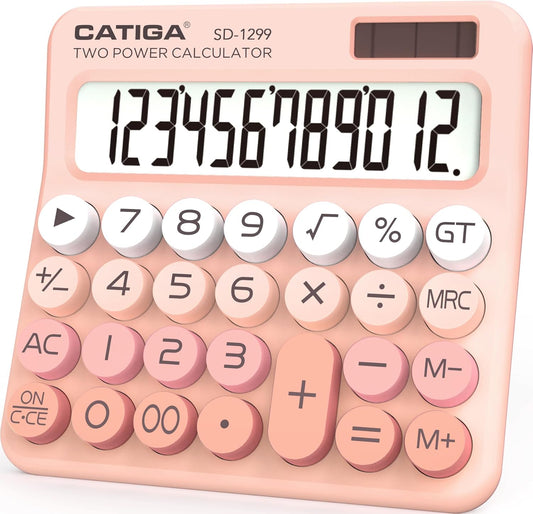 CATIGA Mechanical Switch Calculator with Solar and Battery Dual Power, 12-Digit Large LCD Display, Aesthetic and Cute Desktop Calculator with Big Button, for Home, School and Office Use, SD-1299