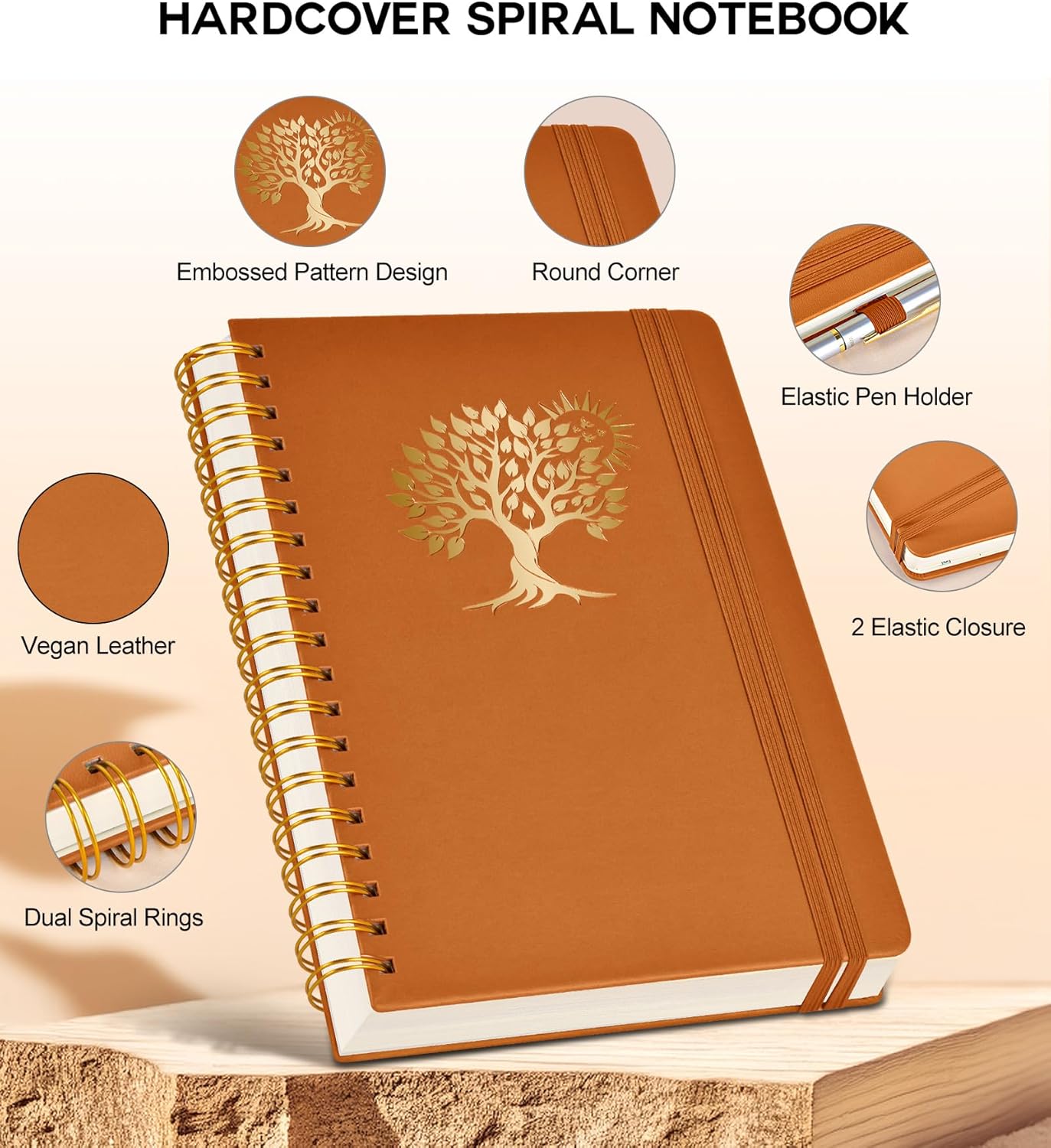 Spiral Notebook Journal for Women Men, 300 Numbered Lined Pages, College Ruled, A5 Hardcover Spiral Bound Notebook for School, Work, Note Taking Writing, Leather Spiral Journal Medium 5.9"x8.5"