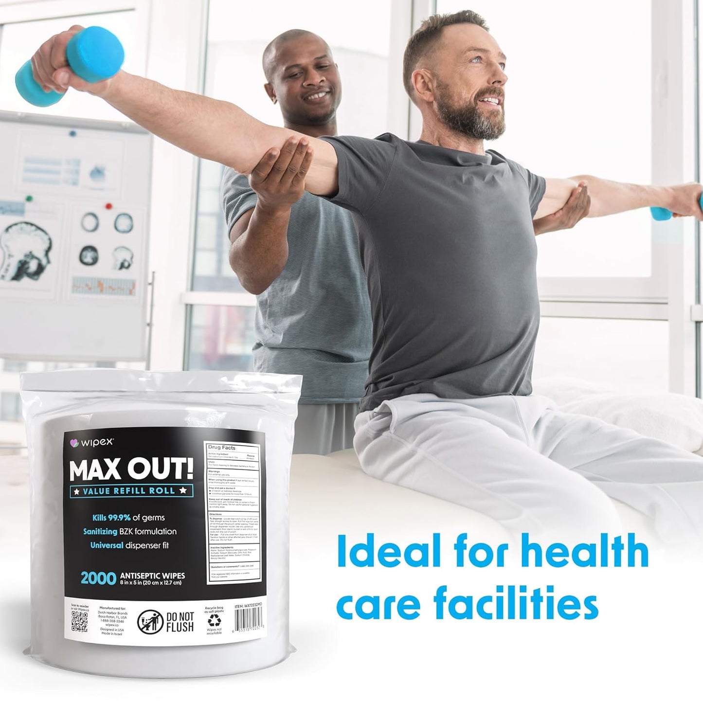 Wipex Max Out Sanitizing Wipes for Gyms - 2000 Wipes Economy Size Refill Rolls for Dispensers, 5"x8" - Ideal for High Volume Commercial Wellness Centers, Schools, Public Facilities & Studios