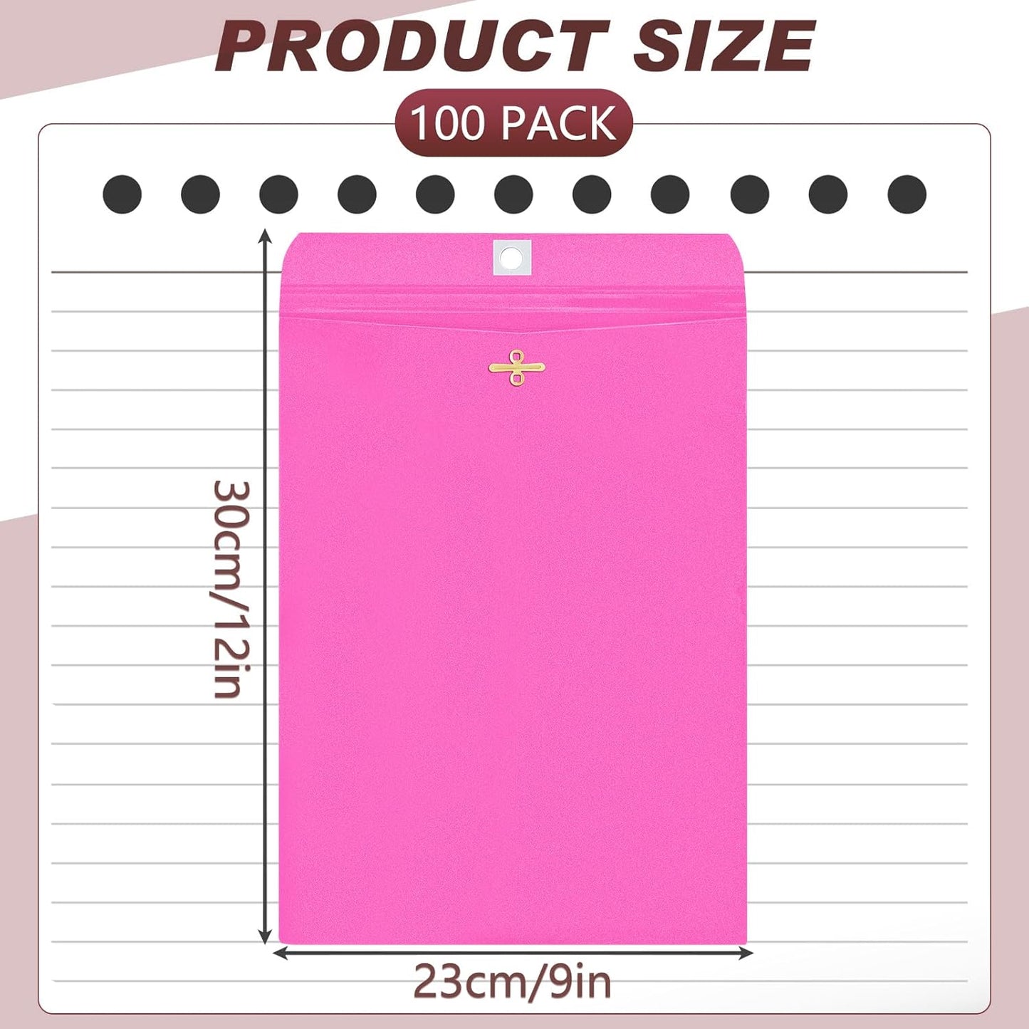 Geyee 100 Pcs Clasp Manilla Envelopes 9 x 12 Inch Gummed Colored Envelopes for Storing or Mailing for Home Office Business Supplies(Rose Pink)