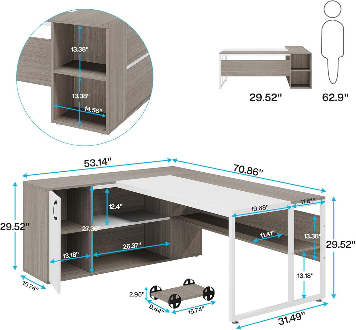 Tribesigns 71 inch Executive Desk, L Shaped Desk with Cabinet Storage, Executive Office Desk with Shelves, Business Furniture Set Workstation for Home Office, Gray and White
