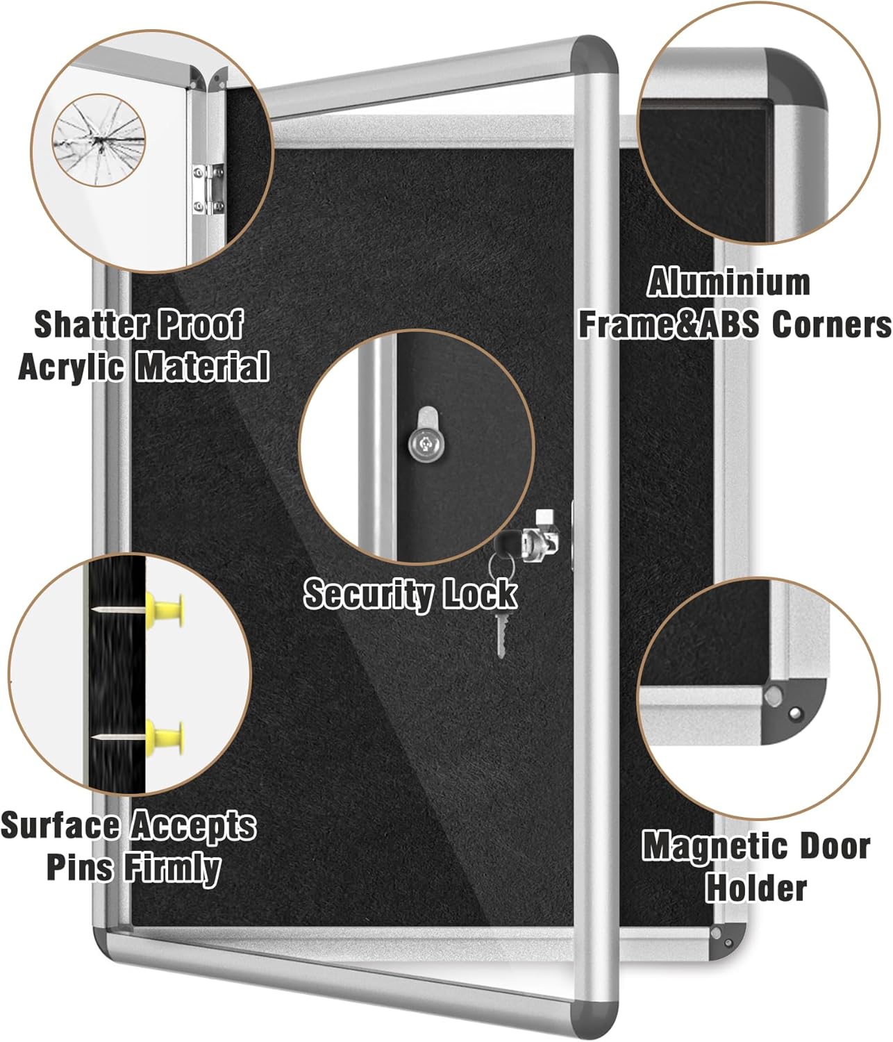 26"x20" Enclosed Bulletin Board, Lockable Weather-Resistant Aluminum Cork Noticeboard for School & Office, Silver Frame w/Black Flet