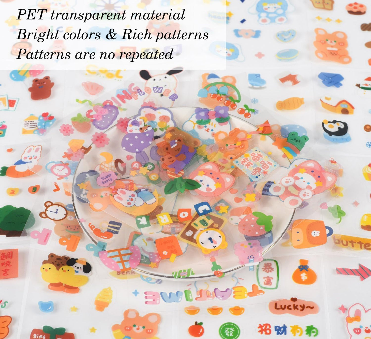 Kawaii Cartoon Bear Journaling Stickers - 100 Sheets Cute Rabbit Animal Transparent PET Scrapbooking Clipping Supplies Calendar Decals Sticker for Planners Collage Junk Journal DIY Arts Crafts