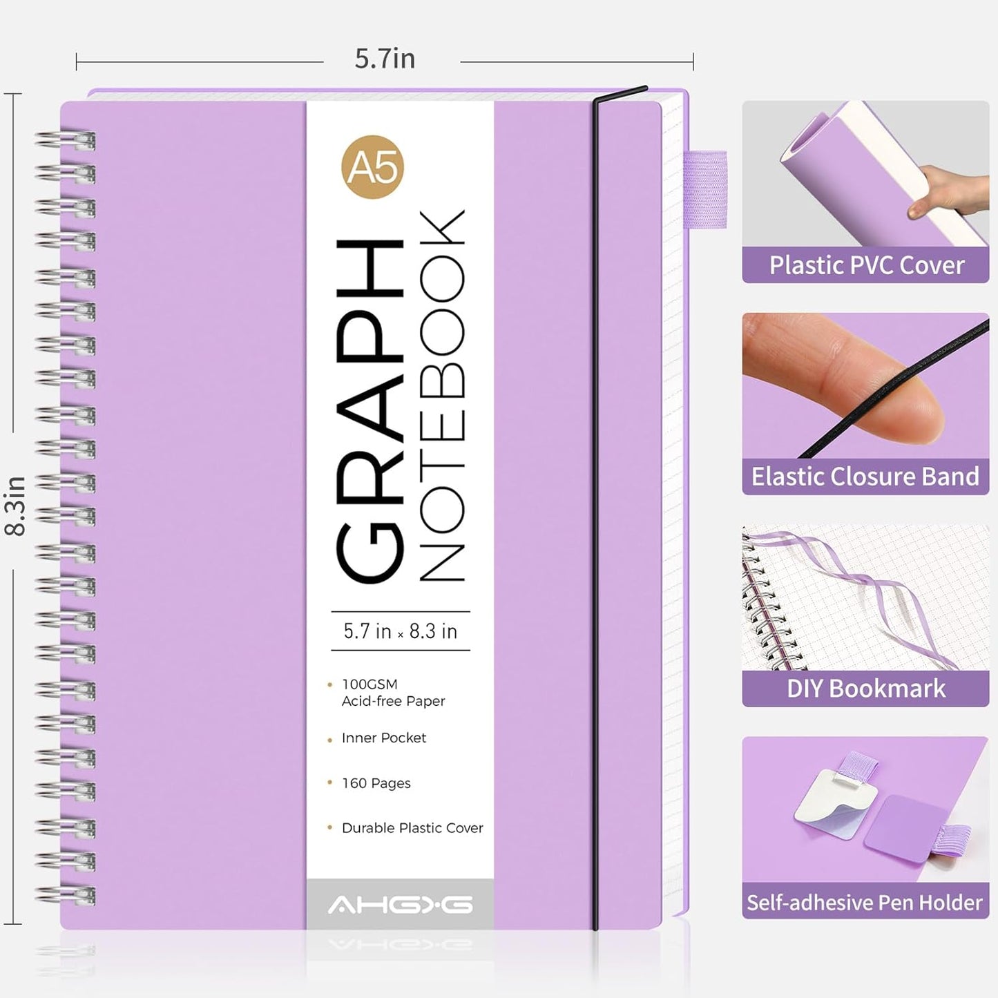 AHGXG Graph Paper Notebook - Spiral Notebook Journal 160 Pages, A5 Graph Notebook 5.7" x 8.3", 100 gsm Thick Grid Paper, Waterproof Plastic Cover, for School Writing Engineering Math, Purple