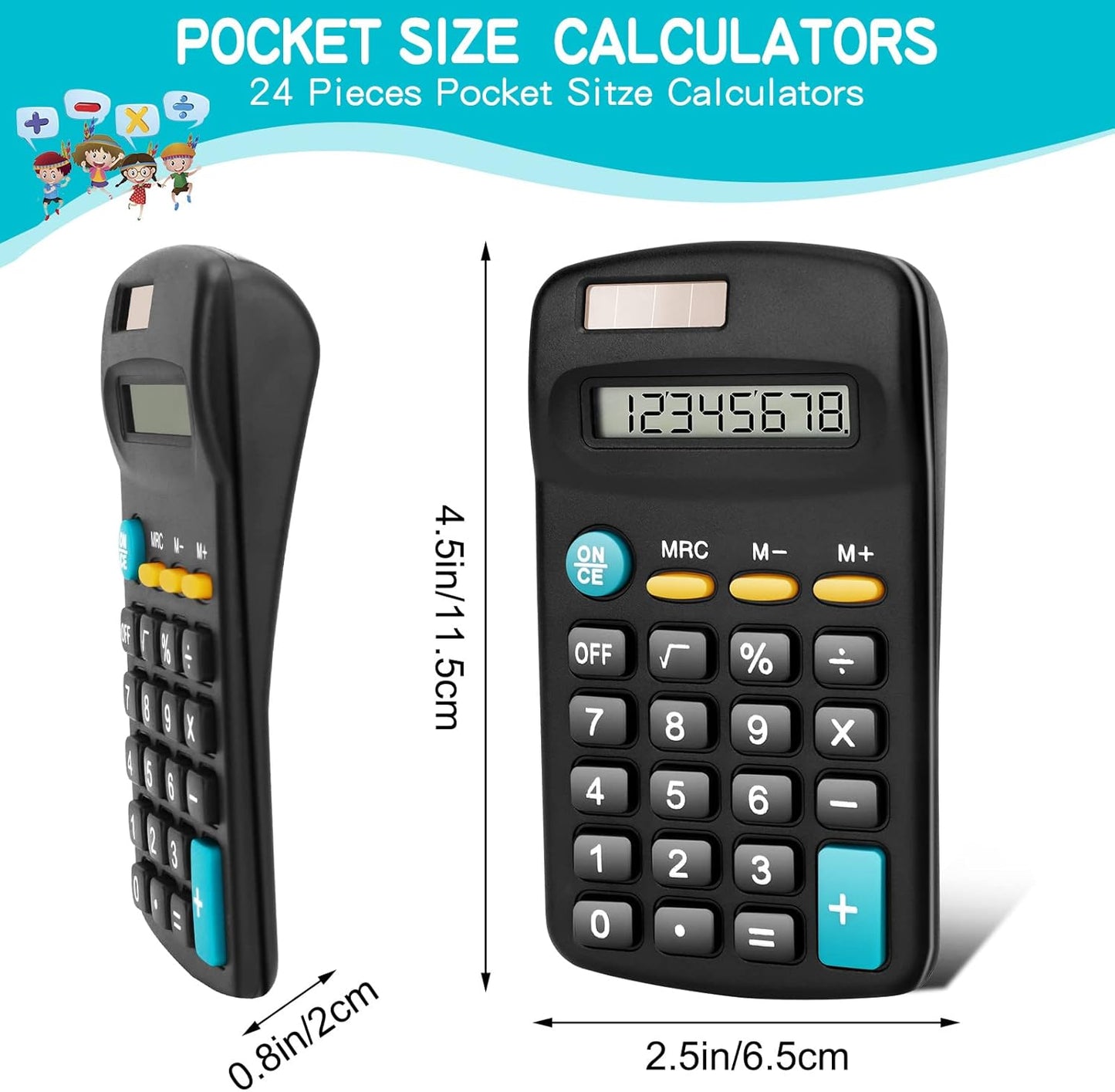 24 Pack Basic Mini Calculators - 8 Digit Display, Solar Battery & AC Power, Handheld for Office, School & Home