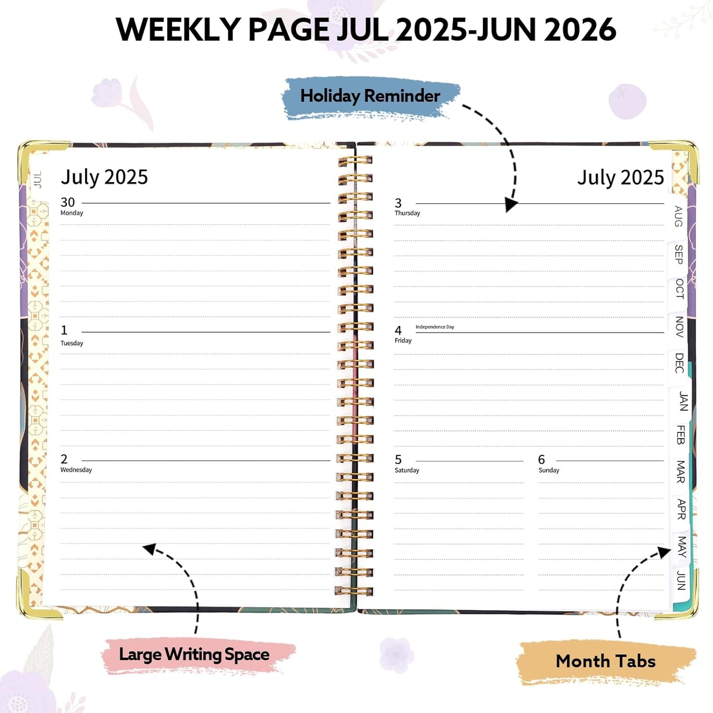 2025-2026 Academic Planner, A5 (6.5" x 8.5") Weekly and Monthly Planner, July 2025 - June 2026, Calendar Planner with Tabs, Inner Pocket for Home School Office Supplies, Blue Flower