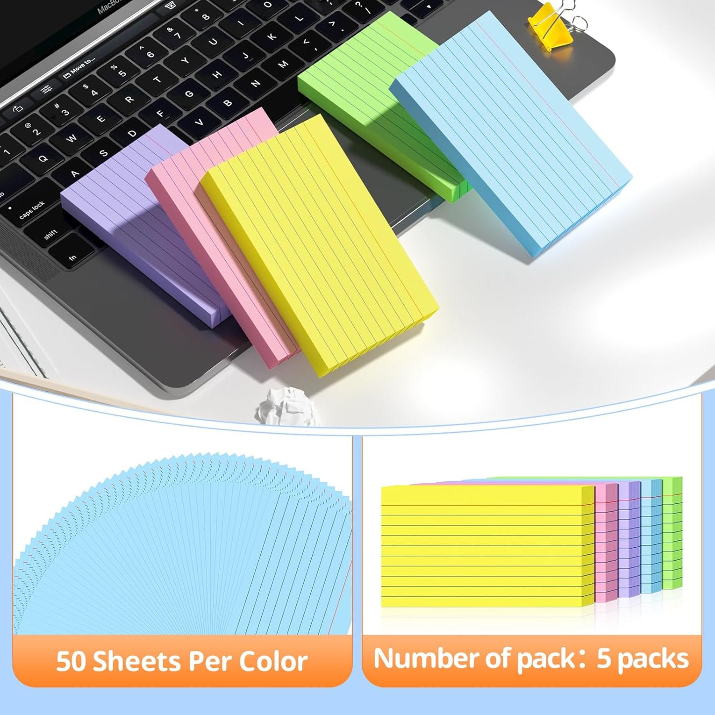 Colored Index Cards 3 X 5, 250 Count, Flash Cards For Studying, Lined Flashcards Notecards, Study Card, Ruled Front And Blank Back, Heavy Note Cards For Office, Home And School