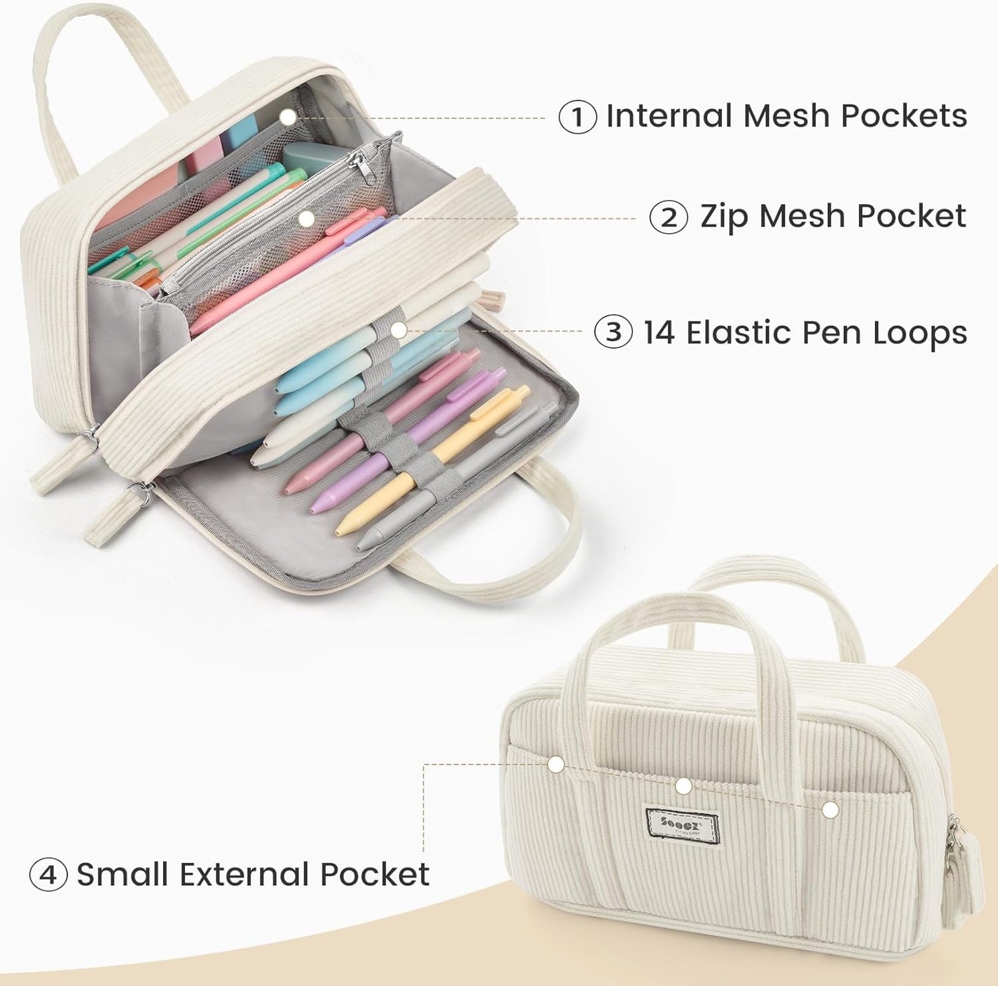 Sooez Large Pencil Case Pouch, Extra Big Pencil Bag with 5 Compartments, Pen Bag Wide Opening, Soft Corduroy Pen Pouch Organizer with Zipper, Cute Aesthetic School Supplies for Teen Girls-Green