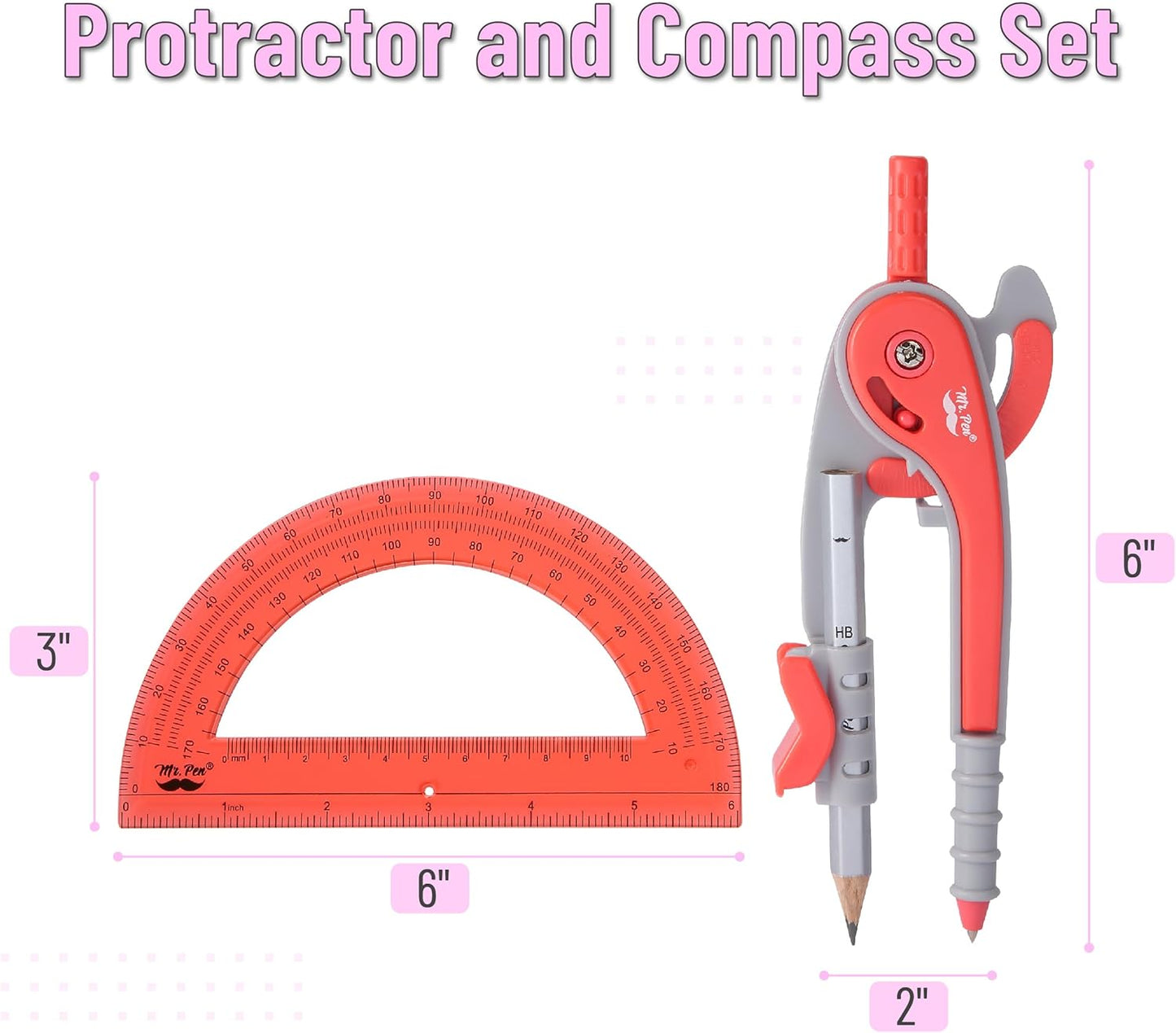 Mr. Pen- Compass and Protractor Set, Red, Compass Geometry Tool, Protractor and Compass Set, Compass Drawing Tool, Drawing Compass, Protractor Set, Geometry Compass, Math Compass for Geometry