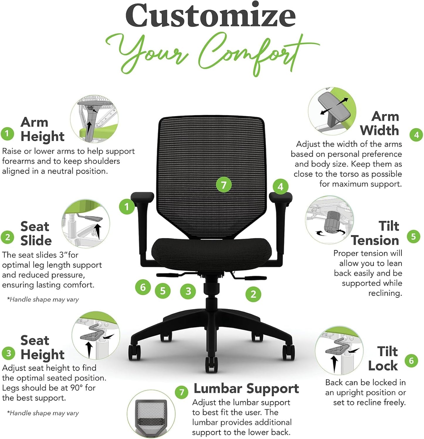 HON Solve Mesh Back Office Chair with Adjustable Arms, Adjustable Height, Tilt Tension, Lumbar Support, Swivels, on Rolling Wheels, Midnight