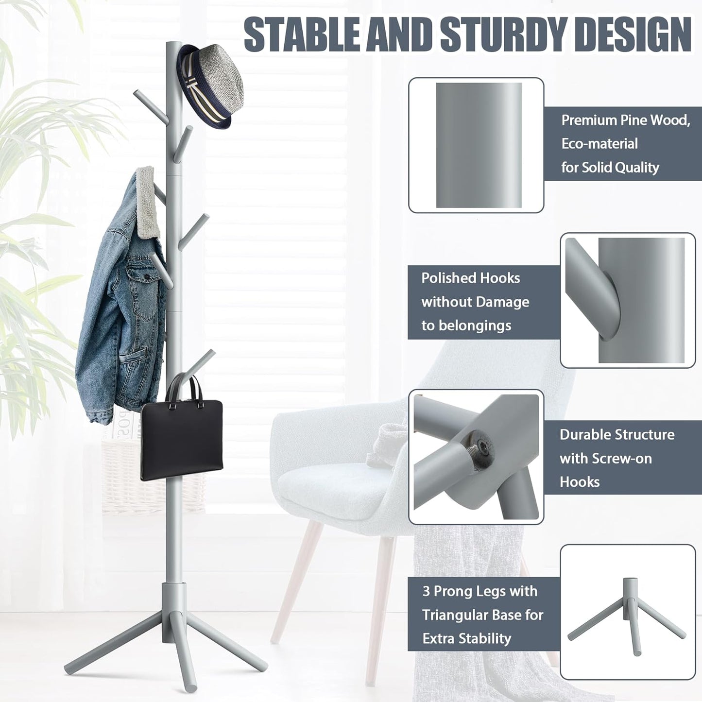 Haddockway Wooden Coat Rack Stand with 8 Hooks New Zealand Pine 3 Adjustable Coat Standing Tree Easy Assembly for Coats, Hats, Scarves and Handbags for Entryway, Hallway, Bedroom, Office