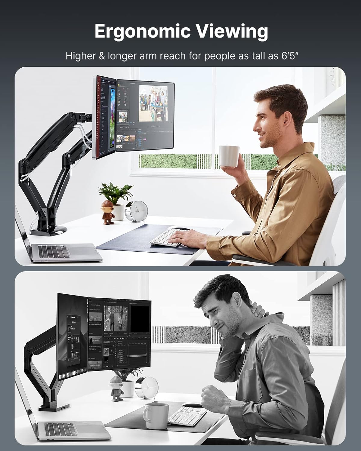 HUANUO Dual Monitor Stand for 13 to 40 inch, Premium Dual Monitor Mount with USB, Height Adjustable Monitor Stand for 2 Monitors, VESA Mount with Clamp/Grommet Base, Each Arm Hold up to 26.4lbs, HNDS7