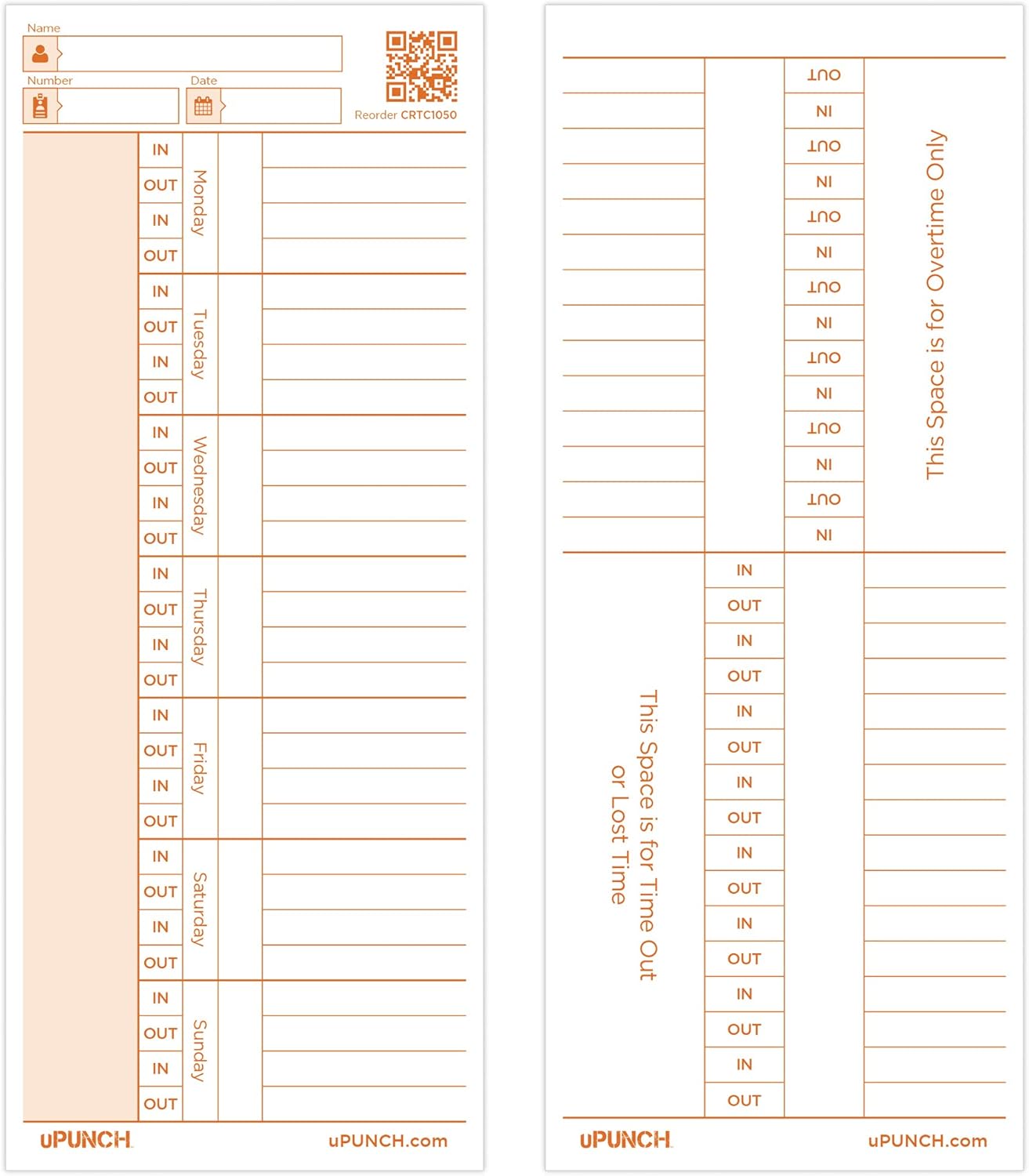 uPunch 100 Time Cards for CR1000 Digital Time Clock and Date Stamp