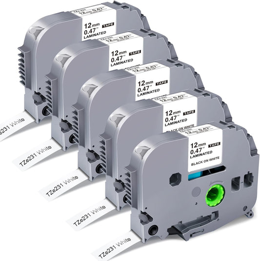 TZe TZ Tape 12mm 0.47 Laminated White Replacement for Brother P Touch TZe-231 TZC-231 P Touch Label Tape Refill Work for Brother P-Touch Label Maker PT-D210 PT-D220 PT-H110 PT-D600 PT-D400, 8m 26.2ft