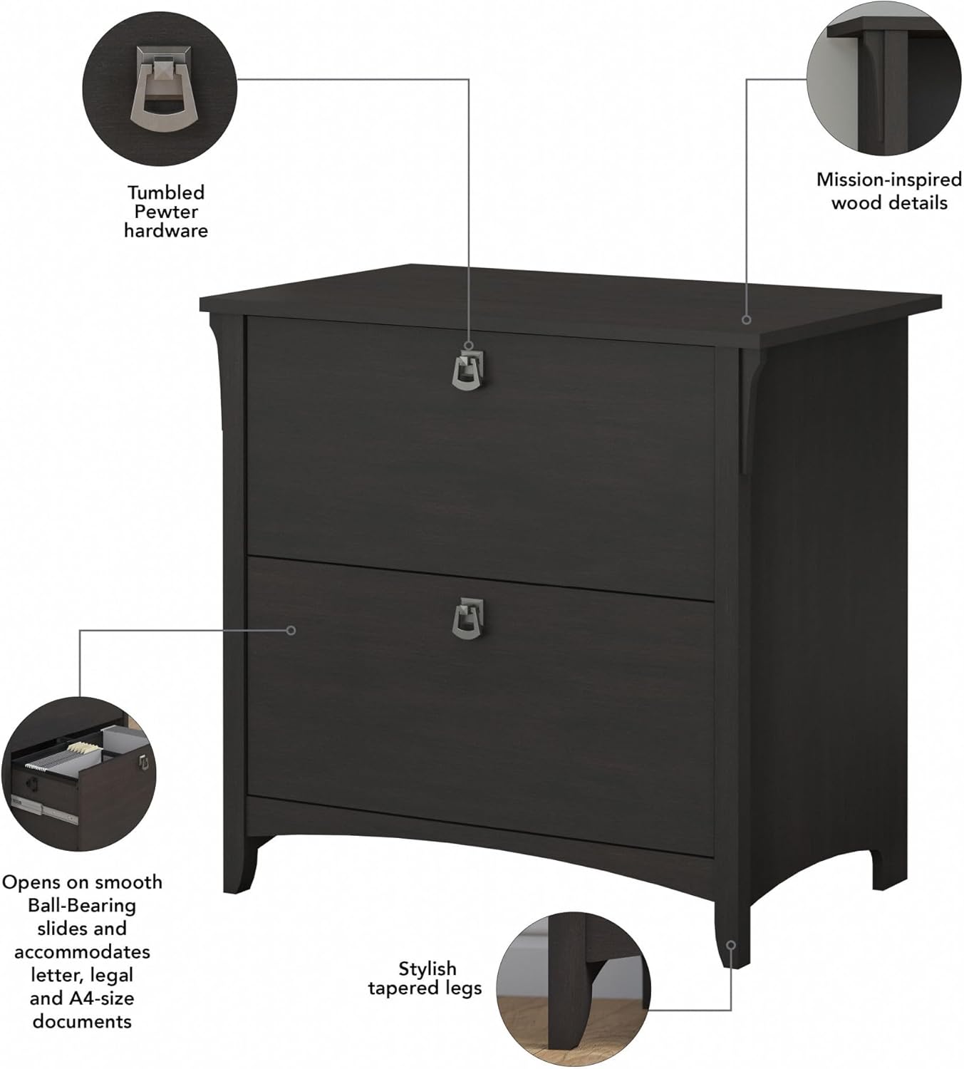 Bush Furniture Salinas 2 Drawer Lateral File Cabinet in Vintage Black, Home Office Storage Solution, Organizer with Drawers for Workspace, Filing Unit