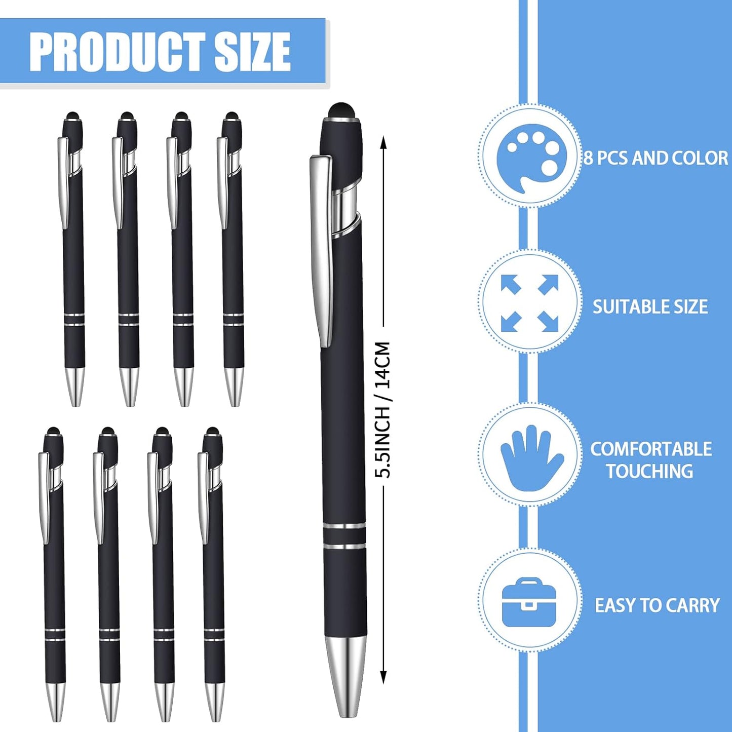 8 Pcs Blue Ink Ballpoint Pen with Stylus Tip 2 in 1 Stylus Ballpoint Pen Metal Pens Stylus Pen for Touch Screens School Office Coworkers (Black)