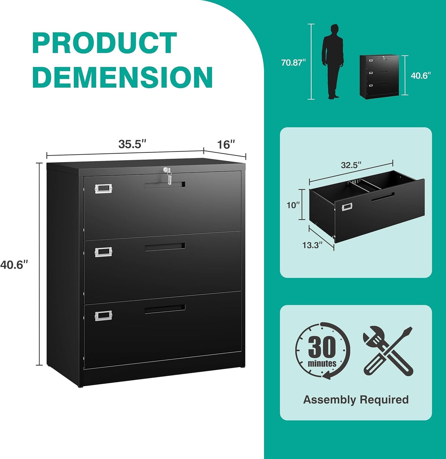 SISESOL 3 Drawer Lateral File Cabinet with Lock,Black Lateral Filing Cabinet,Horizontal Metal Filing Cabinet,Locked Wide Three Drawer File Cabinet for Office Home,Fit A4/F4/Letter/Legal File