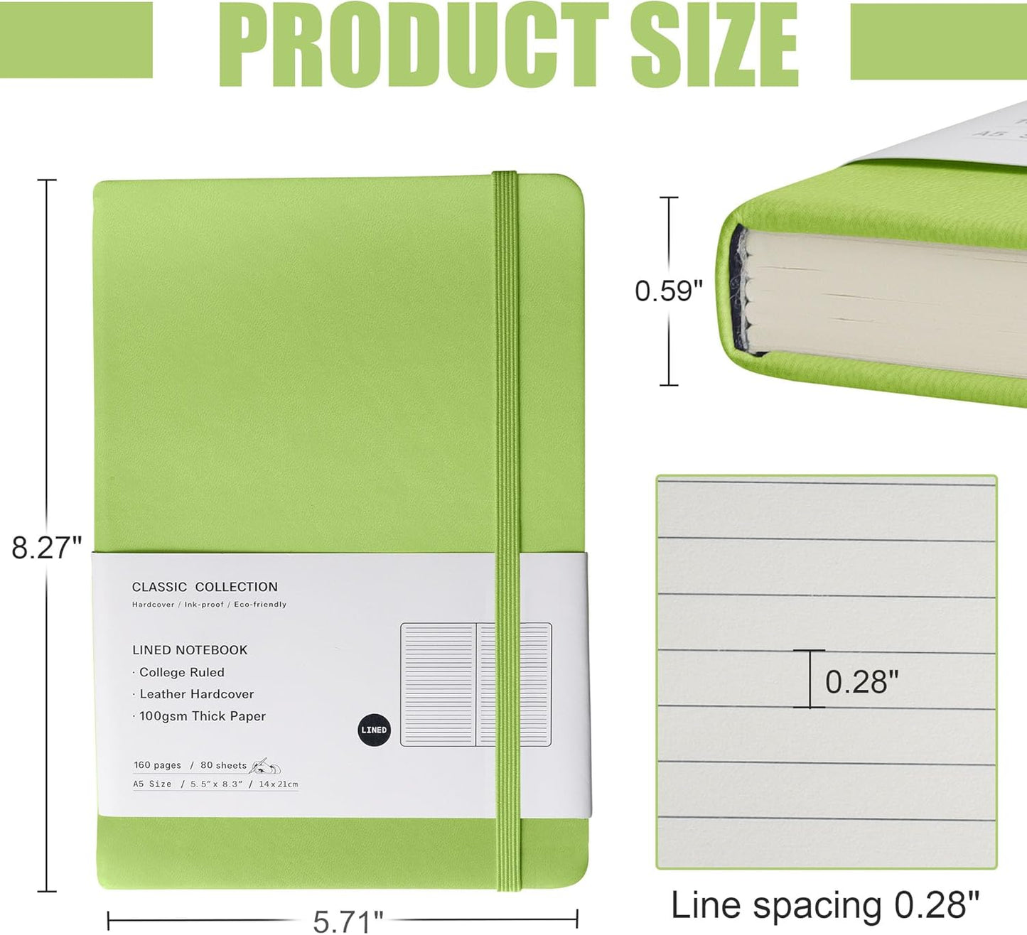 Lined Journal Notebook, (Grass Green), 160 Pages, Medium 5.7 inches x 8 inches - 100 gsm Thick Paper, Hardcover