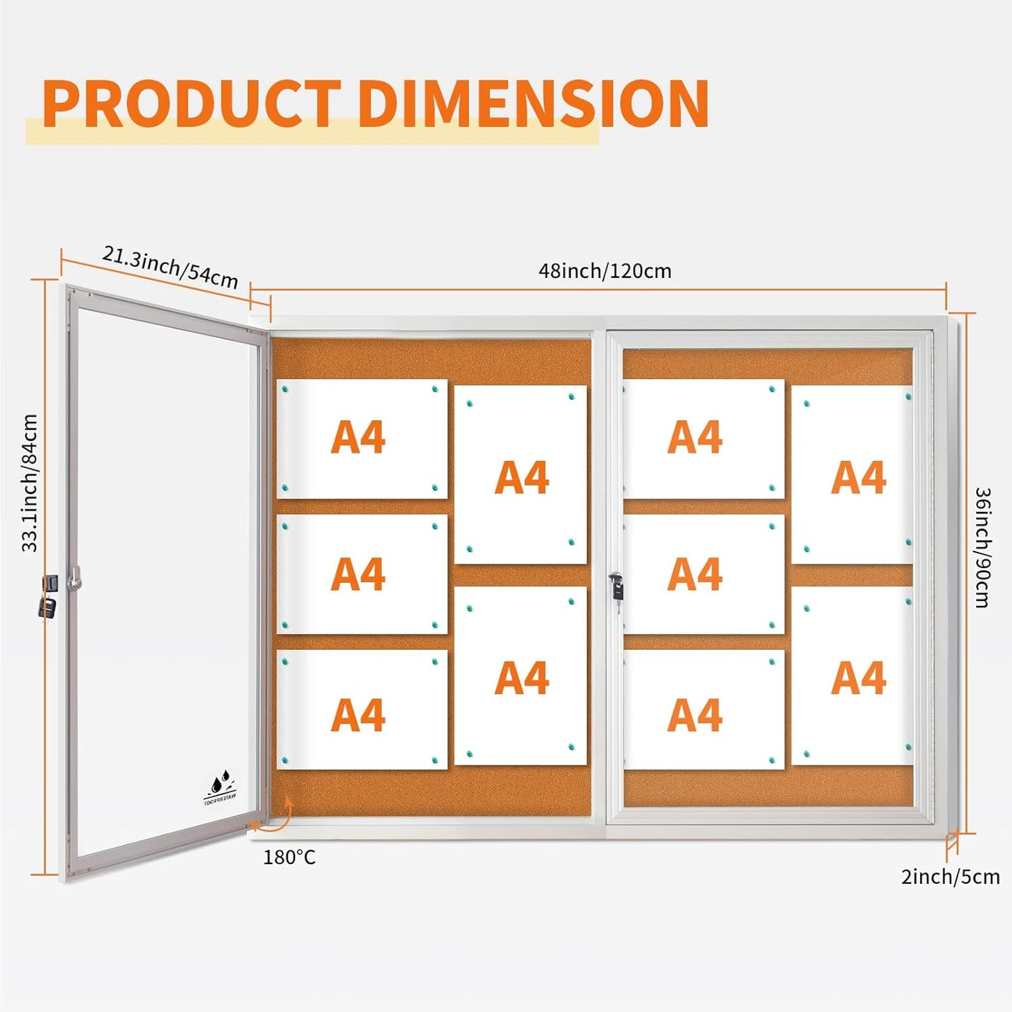 Lockable Outdoor Enclosed Bulletin Board, Weatherproof Cork Noticeboard with Locking Door, Wall-Mounted Aluminum Framed Display Case for Messages,36x24in (5xA4) (Silver Frame & Cork, 44x32 in)