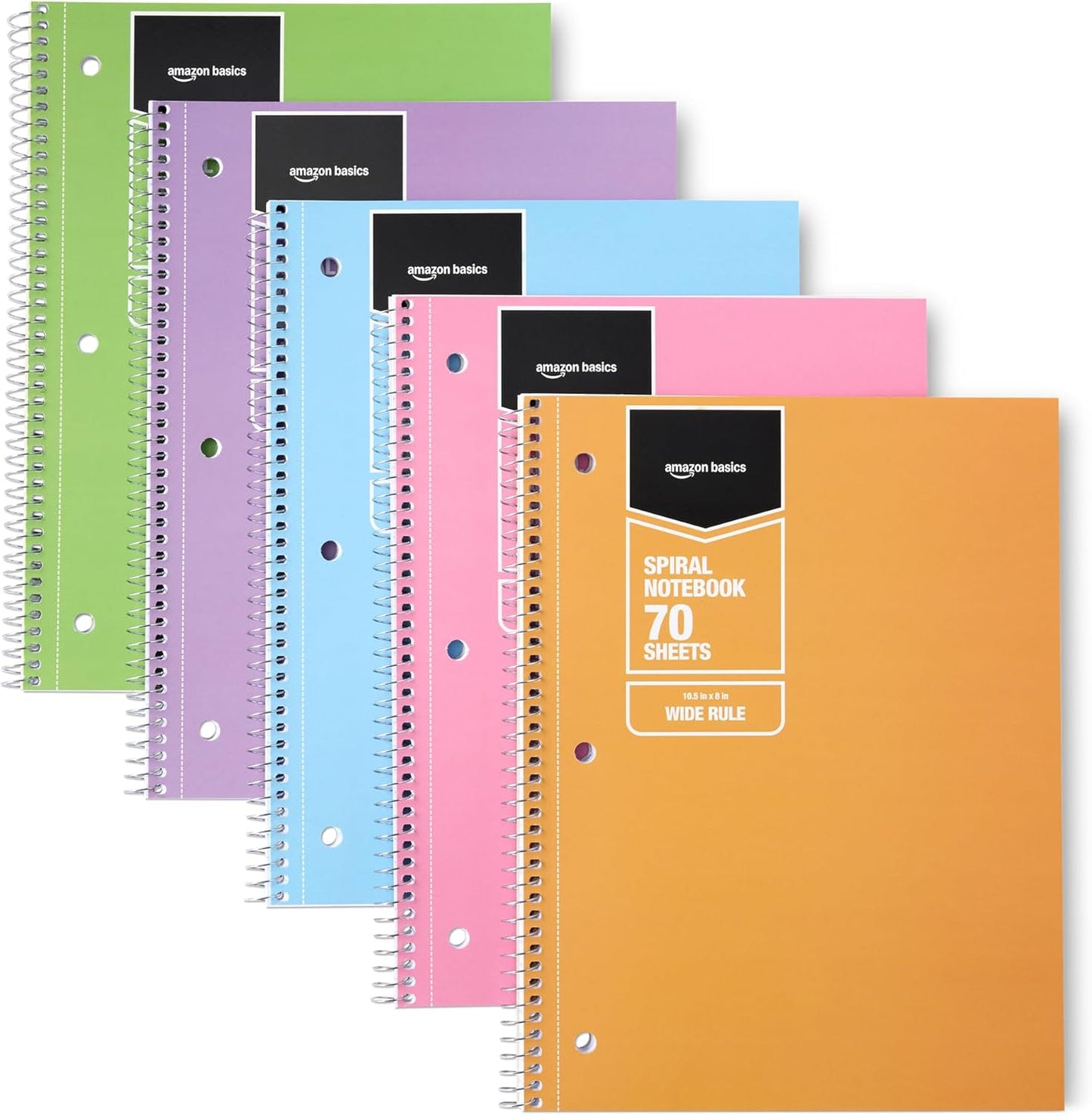 Amazon Basics Wide Ruled Spiral Notebook, 70 Sheets, 8" x 10-1/2", 5 pack, Assorted Pastel Solid Colors