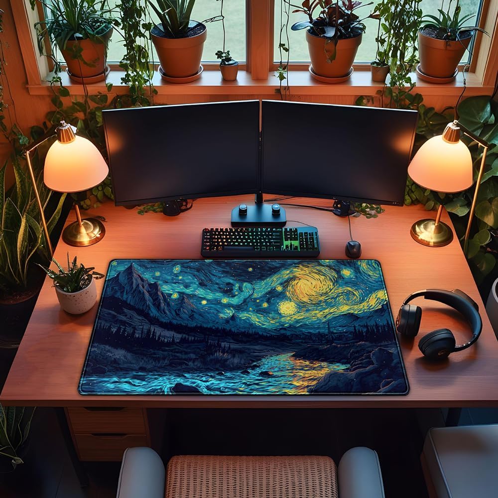 Misty Forest Desk Pad Mat Vincent Van Gogh XL Mouse Pad Gaming Playmat Large Mousepad XXL Desk Laptop Pad Equipped with Waterproof Storage Bag Non-Slip Stitched Edges (31.5x15.7 in)