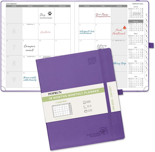 POPRUN Monthly Planner 2026-2027 (Large- 8.5" x 10.5" Soft Cover), 18-Month Calendar Book (Jan.2026 - Jun. 2027), Calendar Planner with Monthly Tabs & Pocket, 100 GSM Paper - Purple