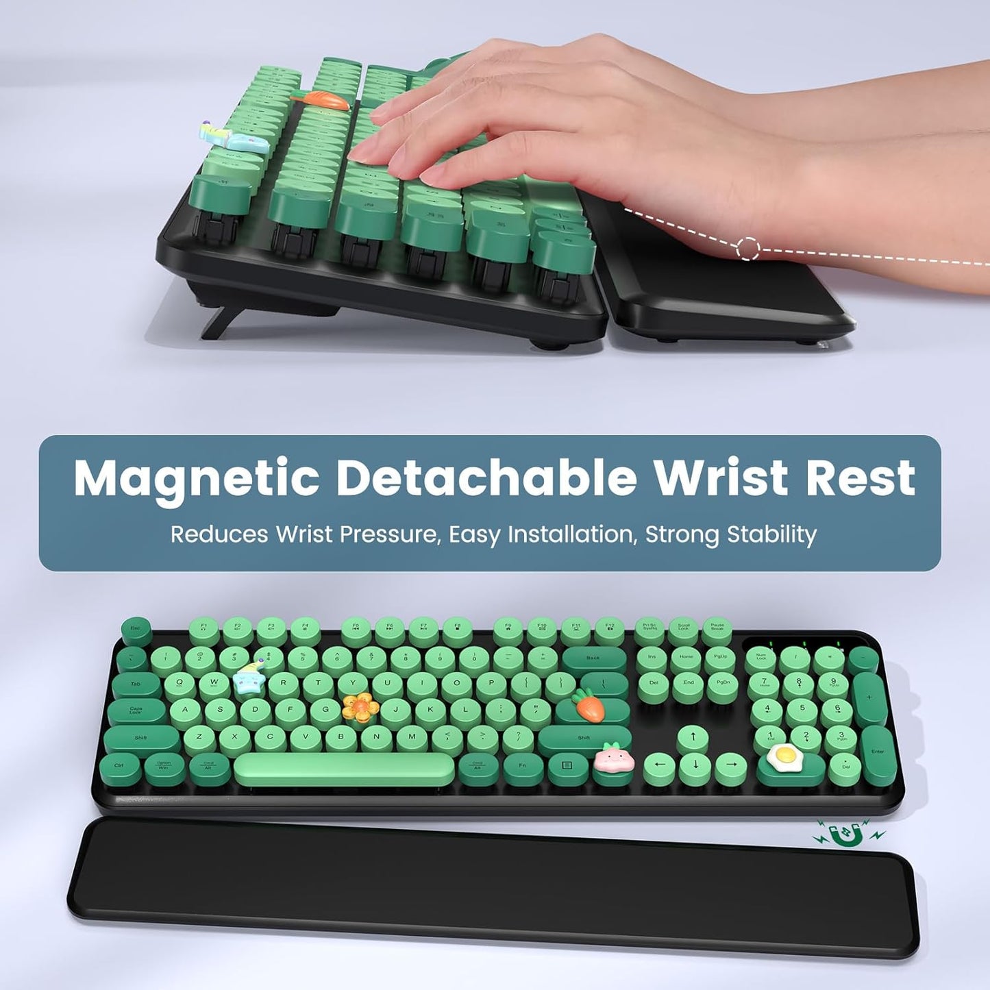 Wireless Keyboard and Mouse Combo-Round Keycaps, Full-Size Retro Typewriter Keyboard with Detachable Wrist Rest, Sleep Mode & Tilt Legs, 2.4GHz Cordless Connection for Mac/Windows/PC (Black & Green)