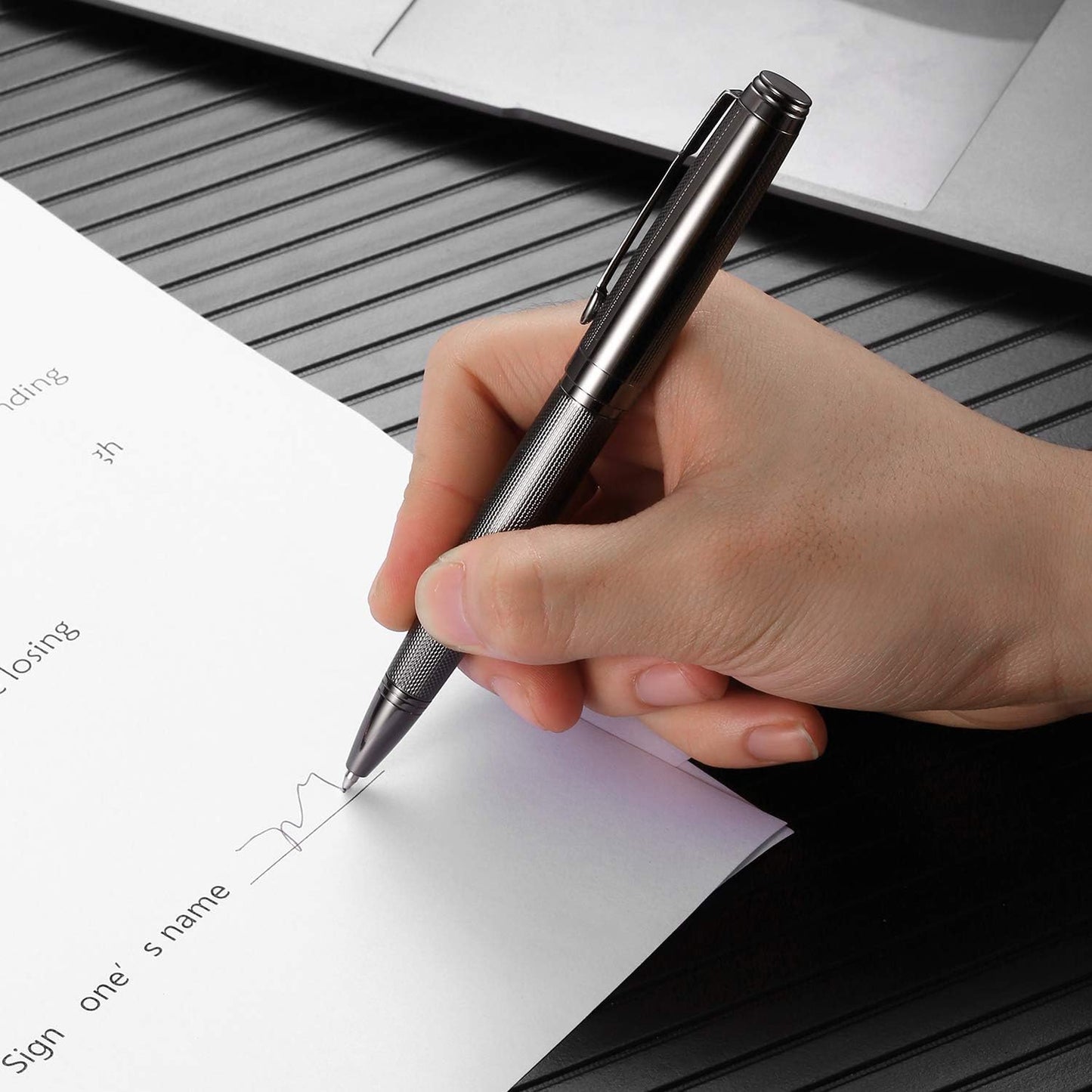 Ballpoint Pen with Gift Box for Men Women,Luxury Stainless Steel Retractable Pen Executive Home Office Use, and 2 Extra Refills Black Ink 1.0mm B2 (full gray)