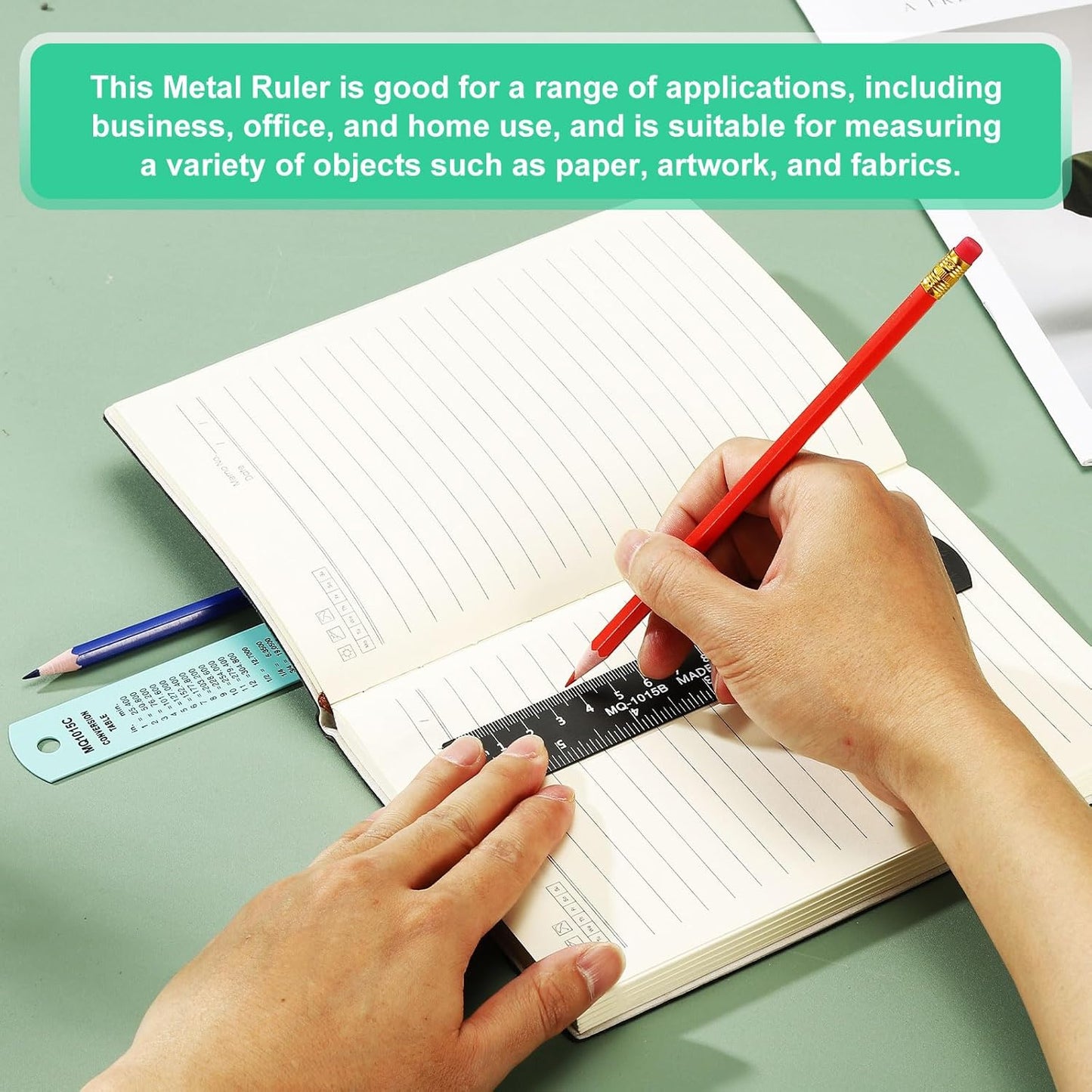 PATIKIL 15cm/6" Metal Ruler, 2 Pack Aluminum Alloy Rulers with Centimeters, Millimeters, Inches and Conversion Table Straight Edge Ruler for Writing Machinist Drafting, Blue Green