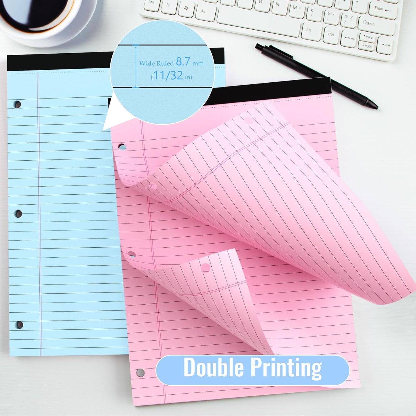 HAUTOCO 3 Pack 8.5 x 11 Legal Pads Colored Wide Ruled Notepads Perforated Writing Pads, 30 Sheets Per Notepad, 3-Hole Punched Paper, Writing Note Pads for School, Home, Office, Business