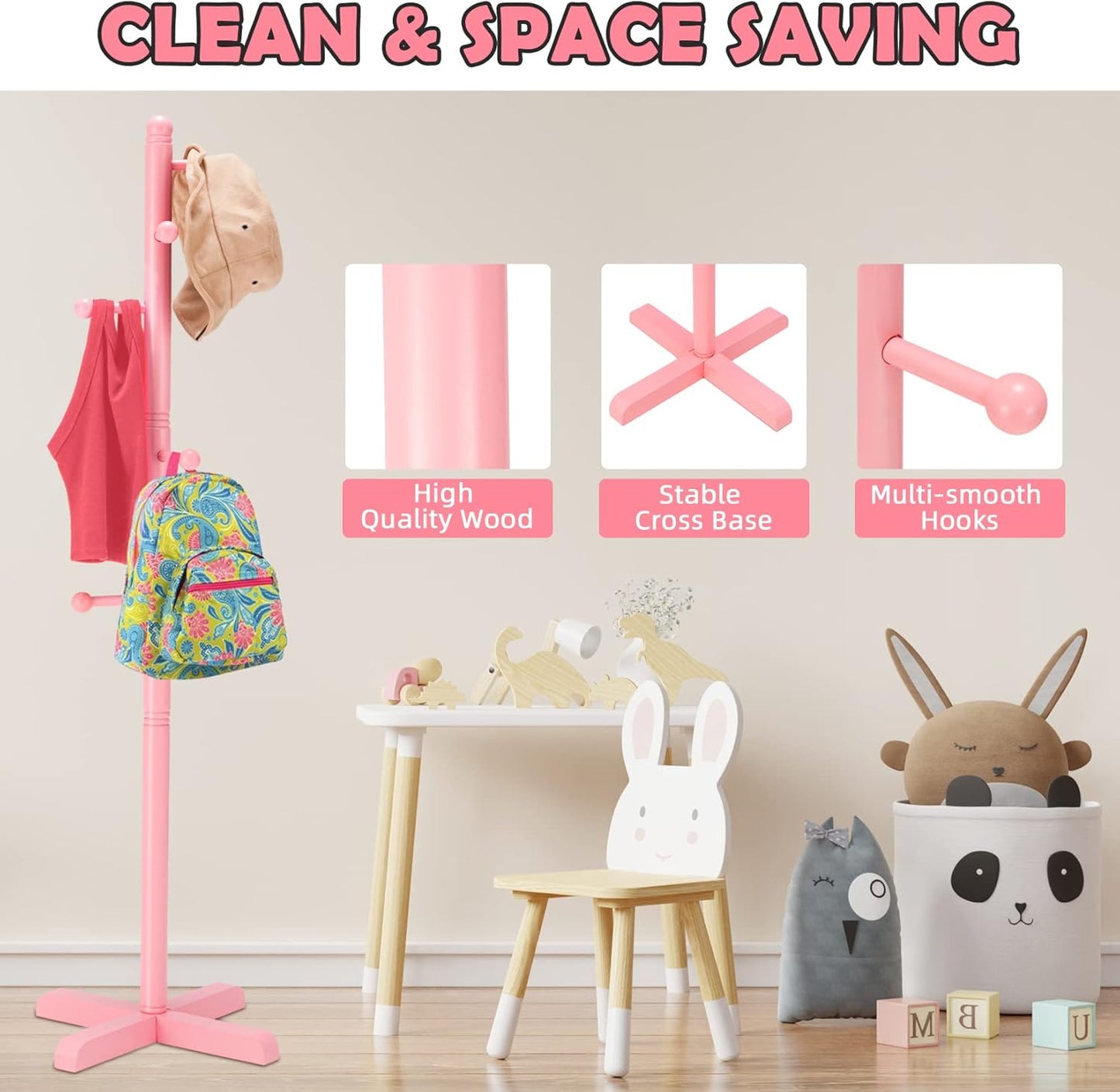 Kids Coat Rack, Freestanding Coat Racks with 8 Hooks 2 Adjustable Height, Tree Coat Rack for Bedroom, Hallway, Entrance, Office, Hats, Handbags,Purse (Pink)