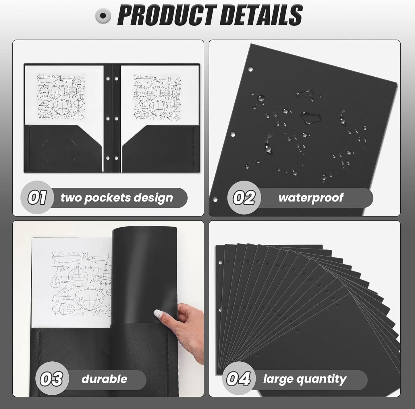 Yeaqee 100 Pcs Plastic Folders with Pockets Bulk 3 Hole Punched 2 Pocket File Folders for 3 Ring Binder Divider Folder for Notebooks, Durable Poly for Office Home (Black)