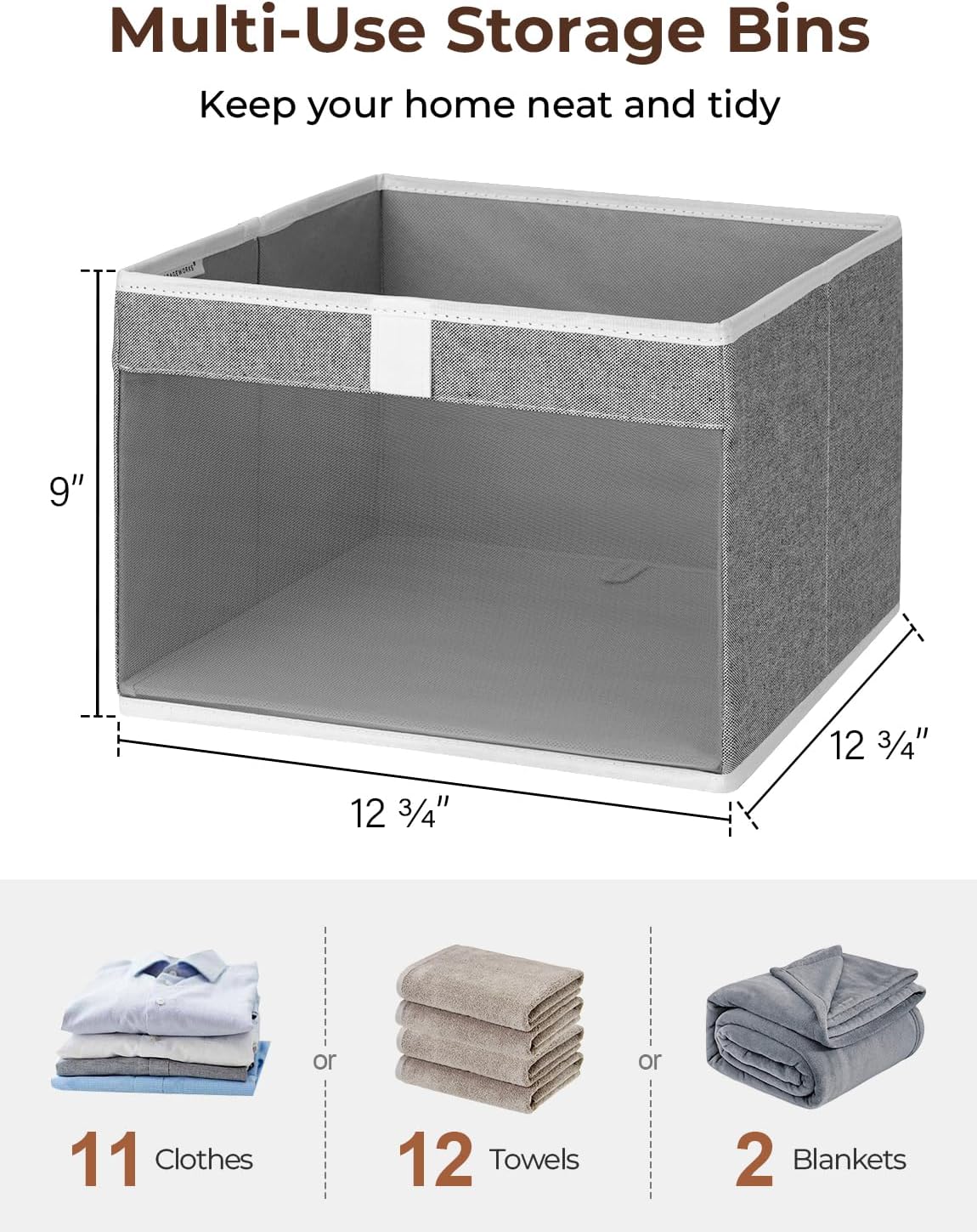 StorageWorks Closet Storage Bins, Large Storage Baskets with Clear Window and Handles, Foldable Fabric Organizer for Clothes, Shelves, Gray, 3 Pack