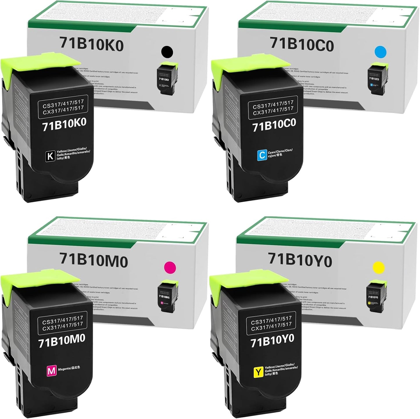 Remanufactured Toner Cartridge Replacement for Lexmark CS317 CS417 CS417dn CX317 CX317dn CX417 CS317dn CS517 CX517 CX417de 71B10K0 71B10C0 71B10M0 71B10Y0 71B0010 (High Yeild, 4-Pack)