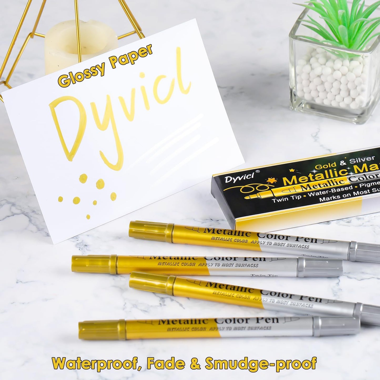 Dyvicl Metallic Marker Pens Dual Tip, Permanent Metallic Silver and Gold Paint Pens for Black Paper, Wine Glass, Rock Painting, Christmas Card Making, Scrapbook, DIY Art Crafts, Set of 4