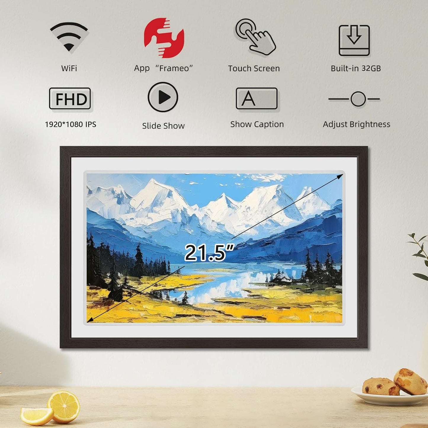 Touch Screen FRAMEO Digital Picture Frame 32GB Storage WiFi Smart 21.5 inch Photo Frame, FHD IPS Auto-Rotate, Attach Wall mounting Bracket Share Photos or Videos Instantly via Frameo APP